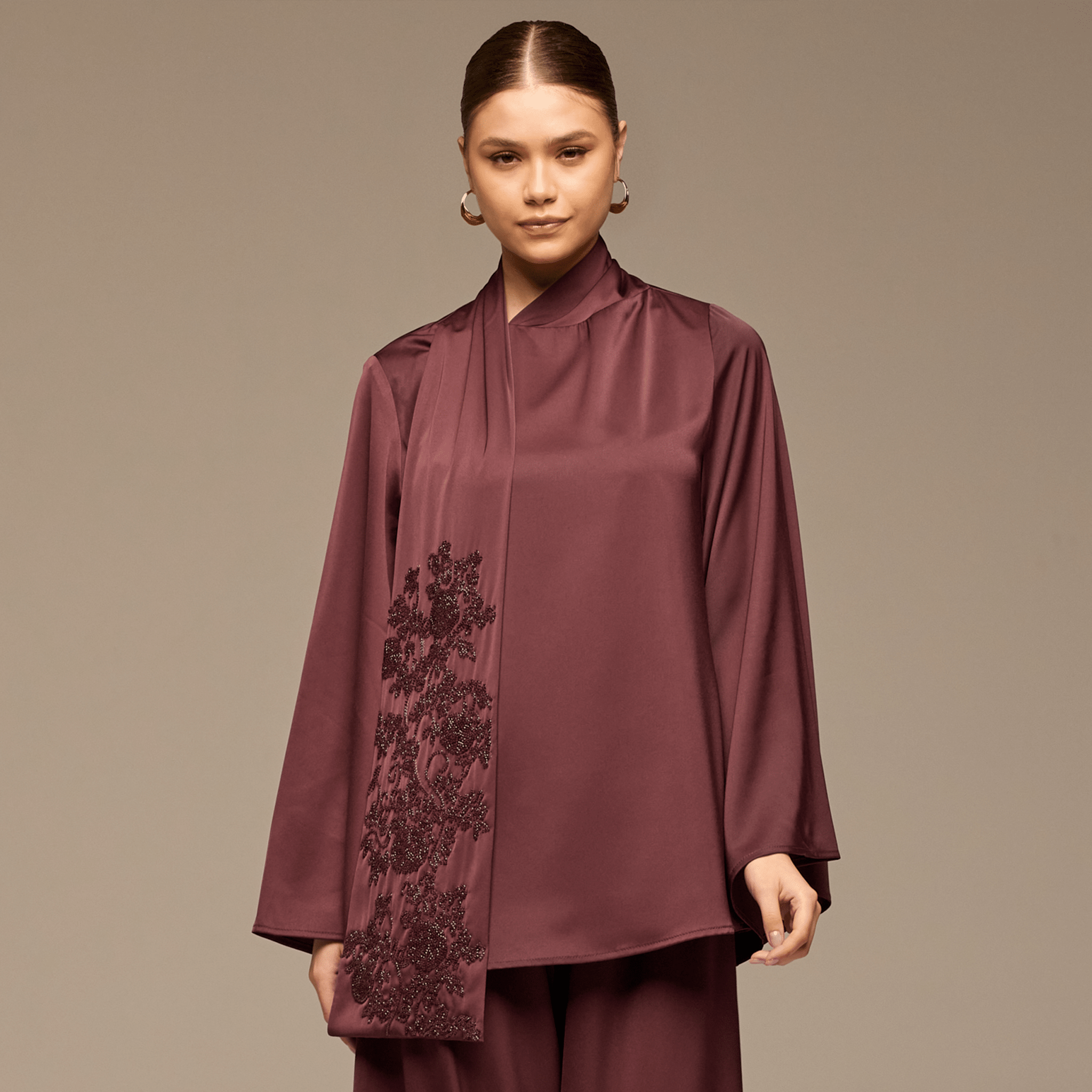 Purple Loose Fit Long Sleeve Satin Blous - shopaleena