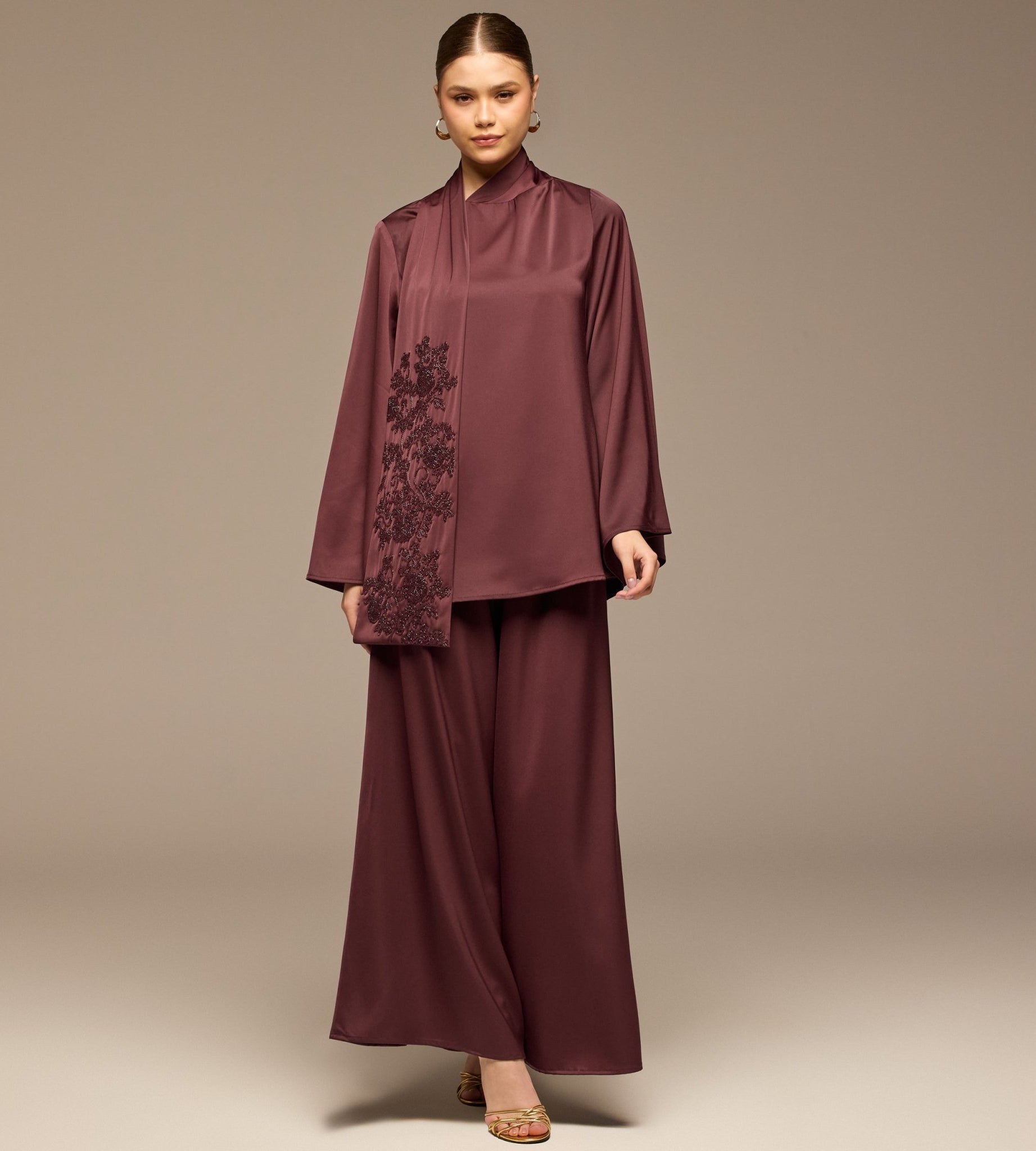 Purple Loose Fit Long Sleeve Satin Blous - shopaleena