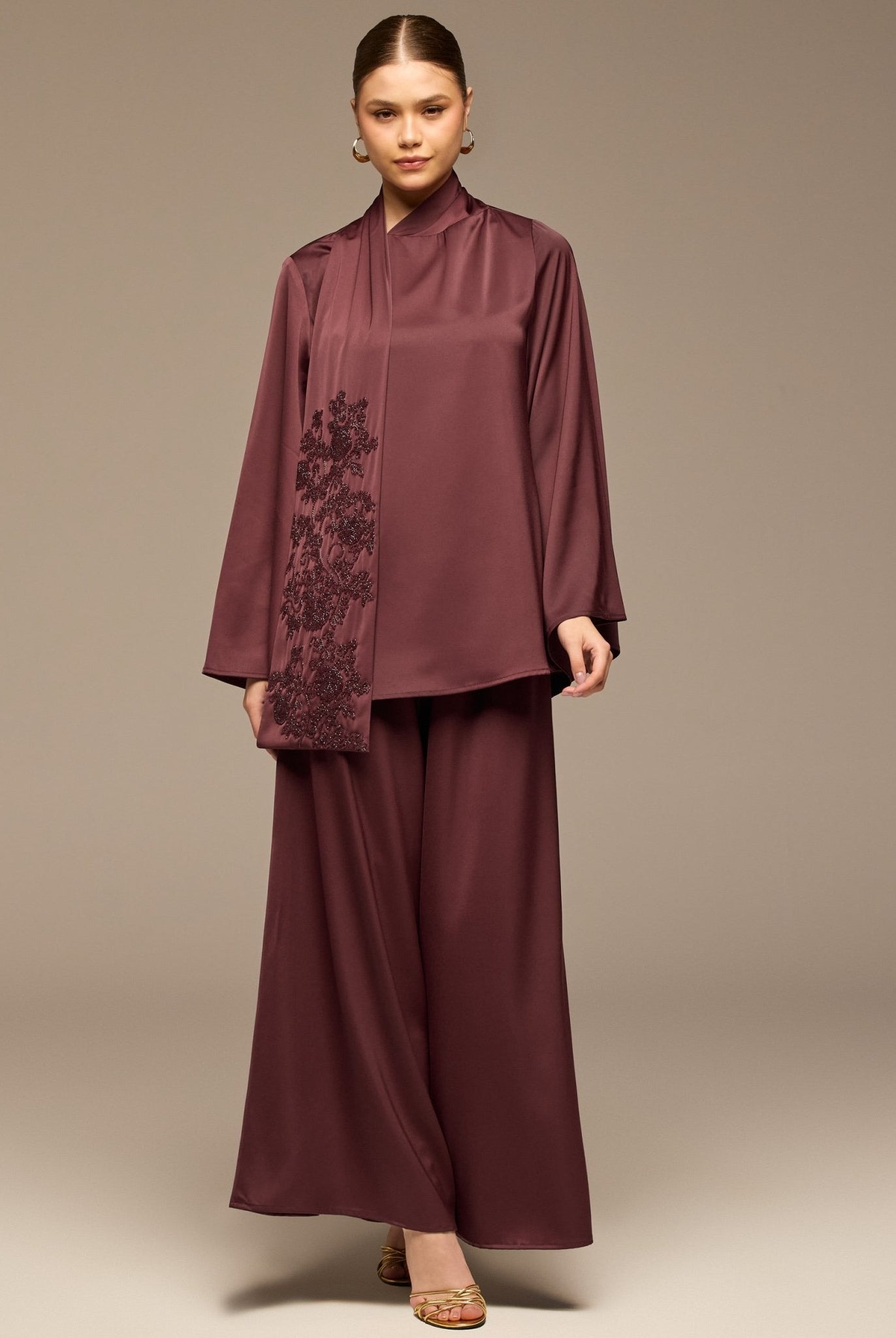 Purple Loose Fit Long Sleeve Satin Blous - shopaleena