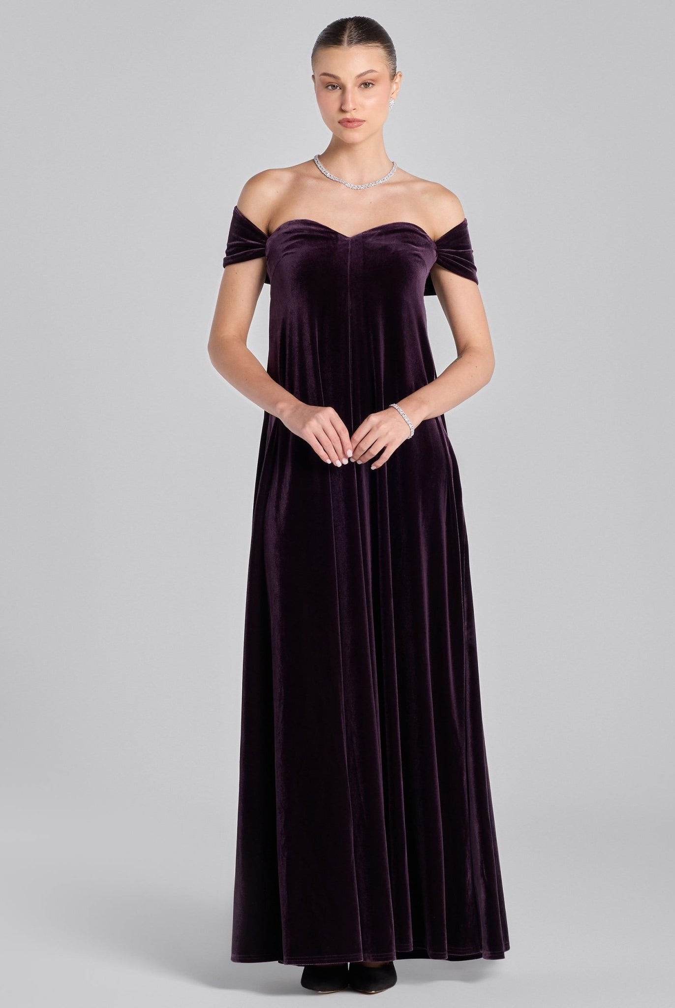 Purple Off Shoulder Sweetheart Neckline Velvet Gown - shopaleena