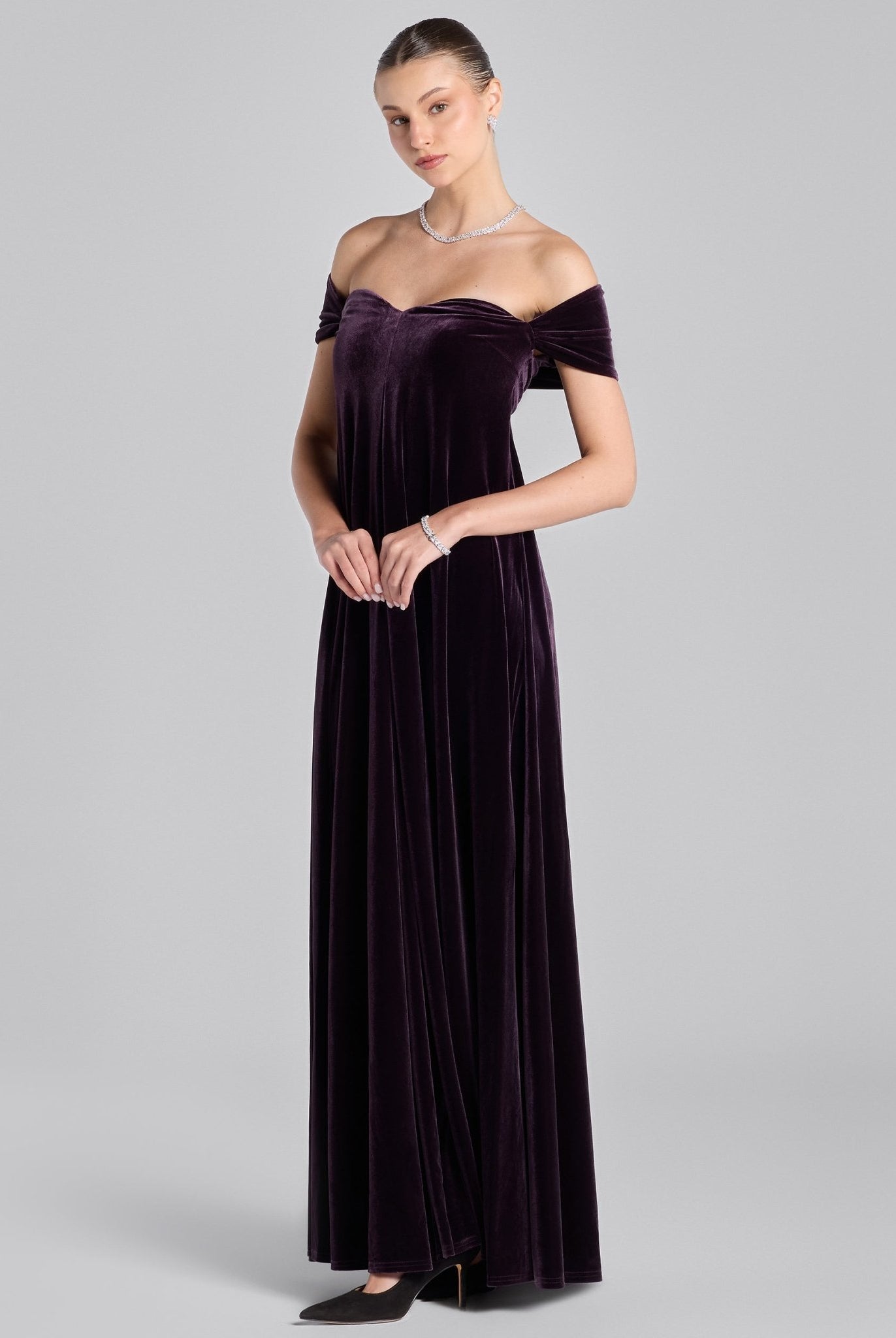 Purple Off Shoulder Sweetheart Neckline Velvet Gown - shopaleena