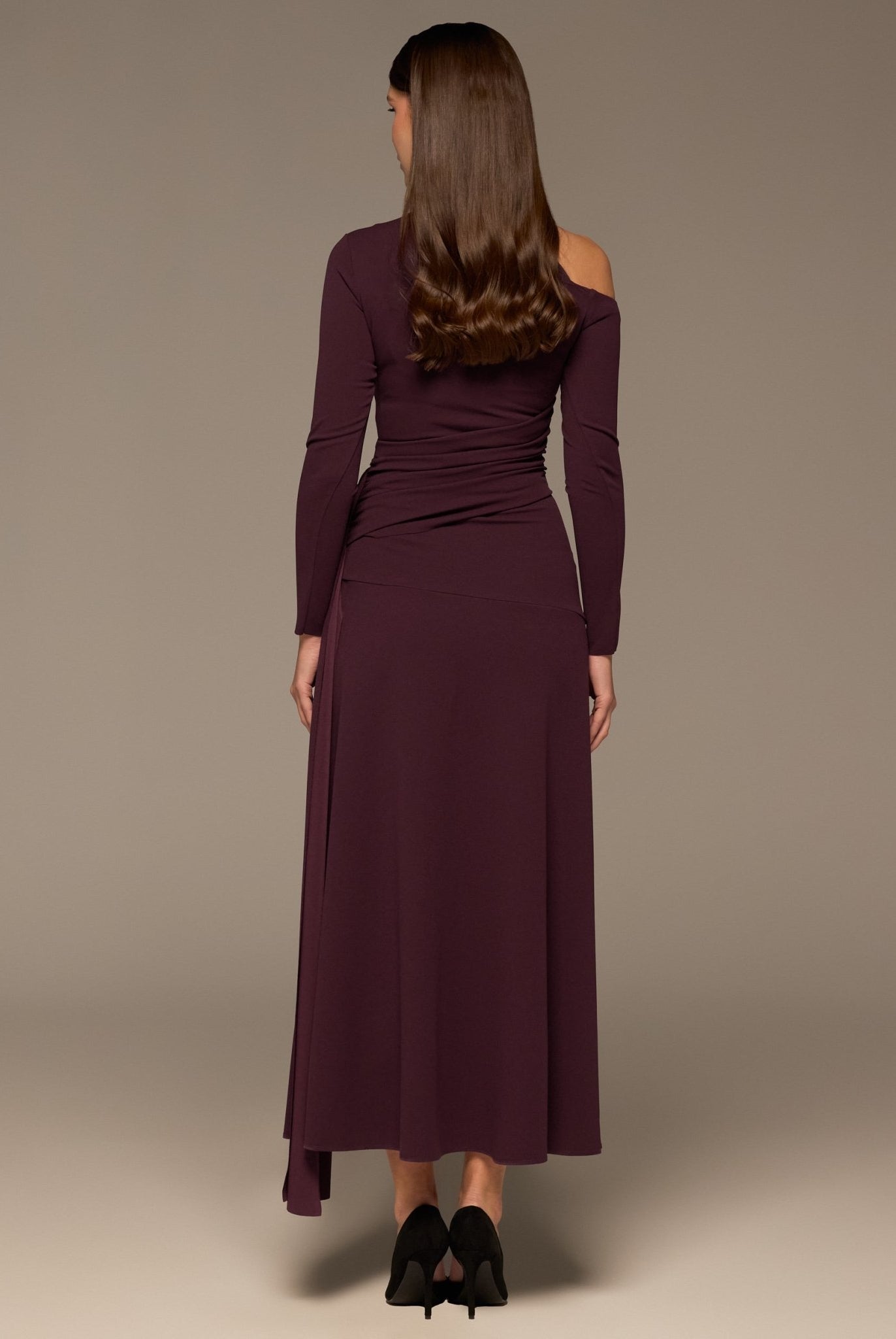 Purple One - Shoulder Drape Waist Crepe Dress - shopaleena