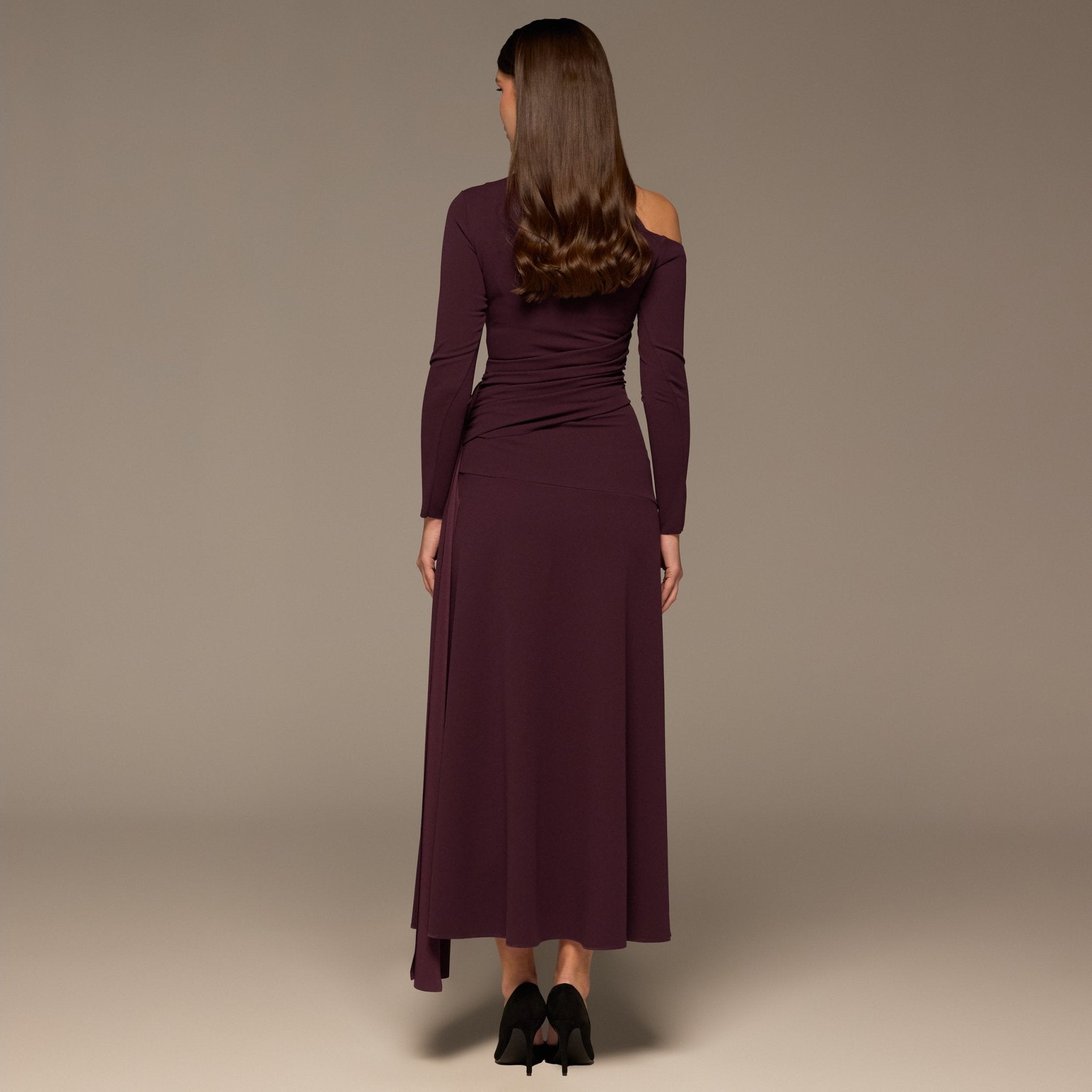 Purple One - Shoulder Drape Waist Crepe Dress - shopaleena