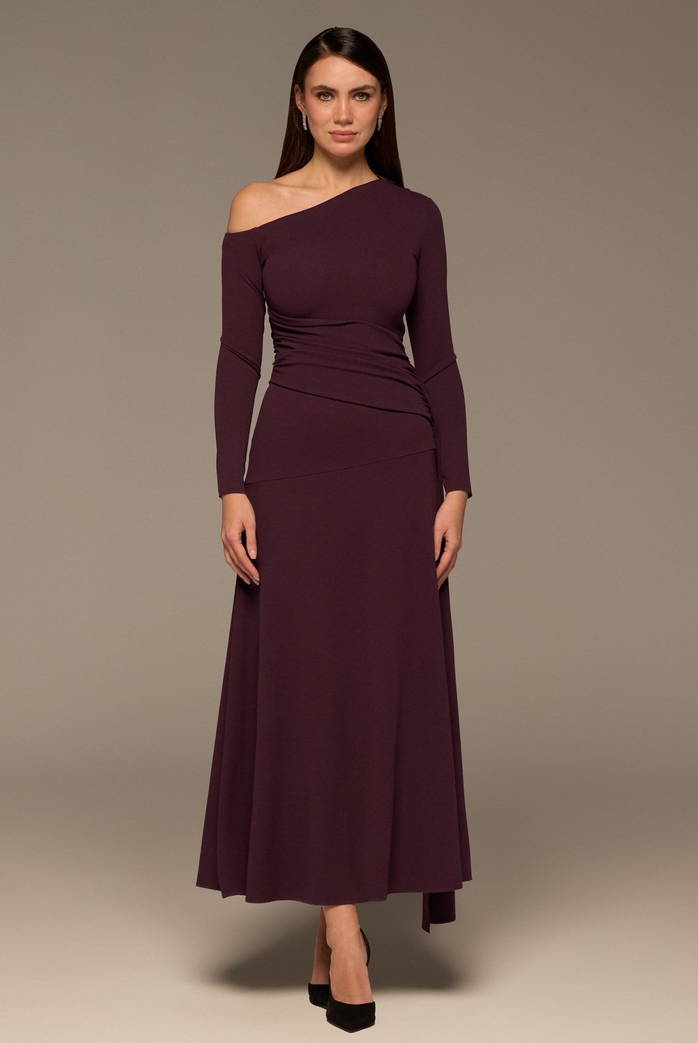Purple One - Shoulder Drape Waist Crepe Dress - shopaleena