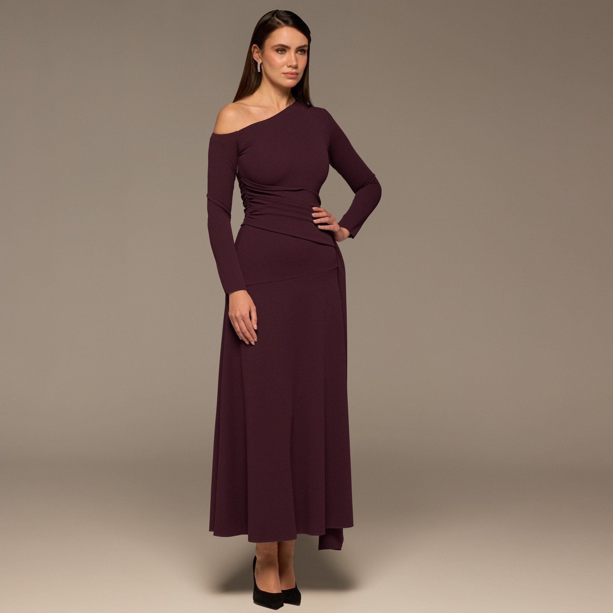 Purple One - Shoulder Drape Waist Crepe Dress - shopaleena