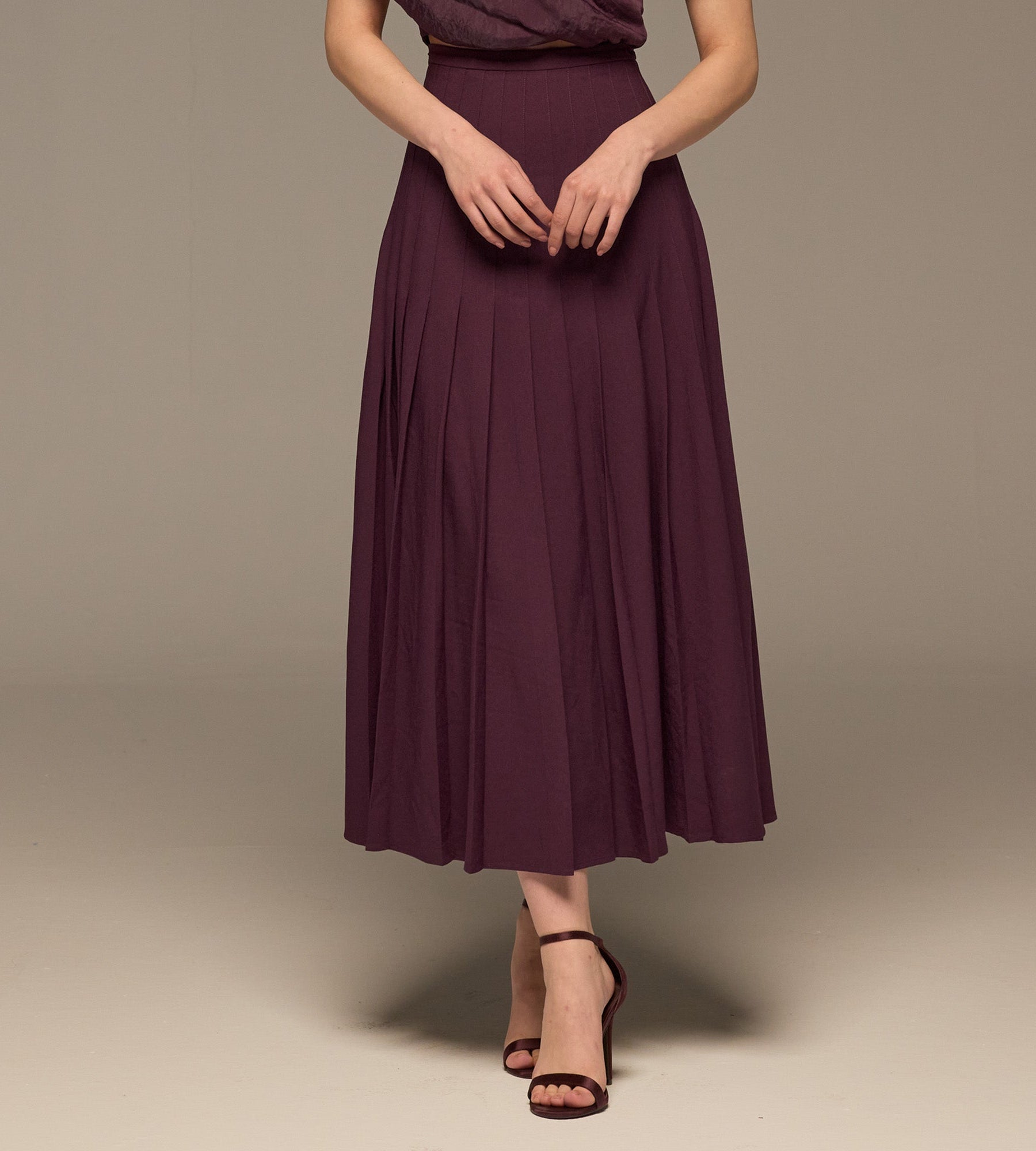 Purple Pleated A Line Crepe Skirt - shopaleena