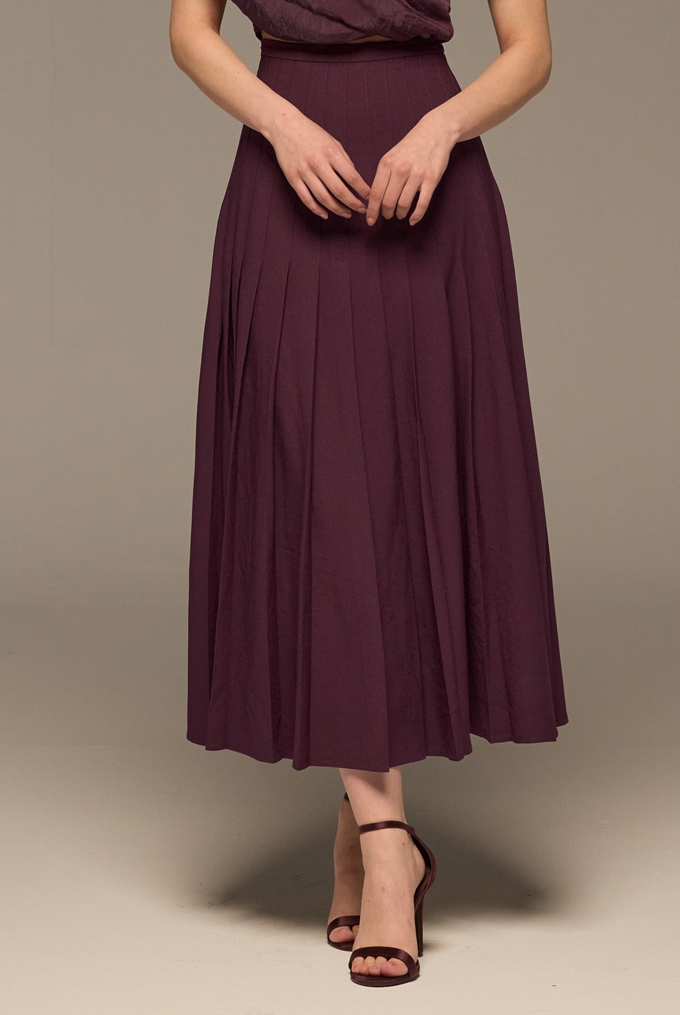 Purple Pleated A Line Crepe Skirt - shopaleena