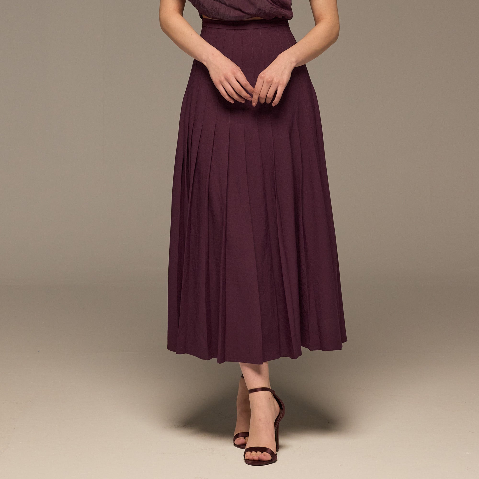 Purple Pleated A Line Crepe Skirt - shopaleena