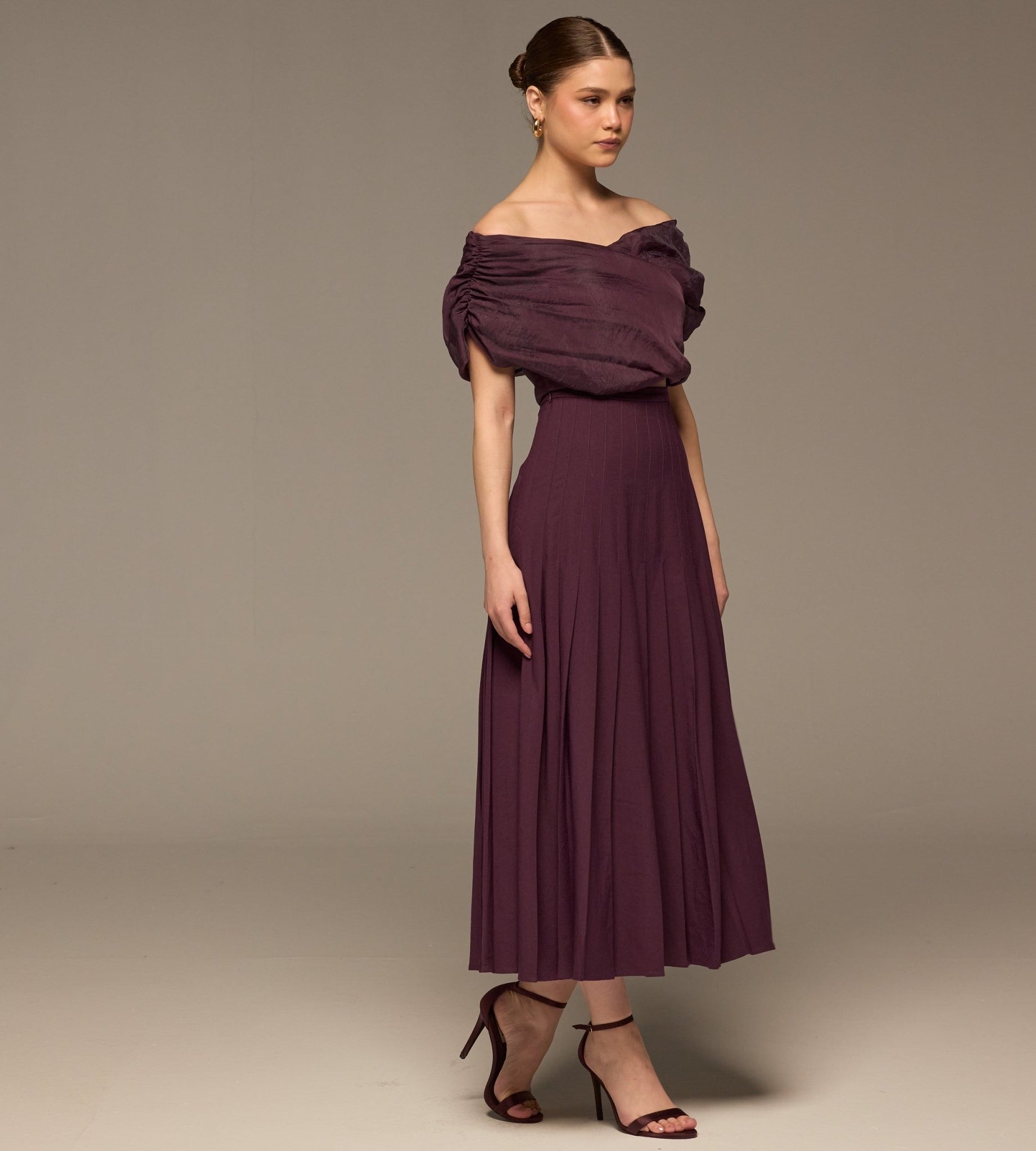 Purple Pleated A Line Crepe Skirt - shopaleena