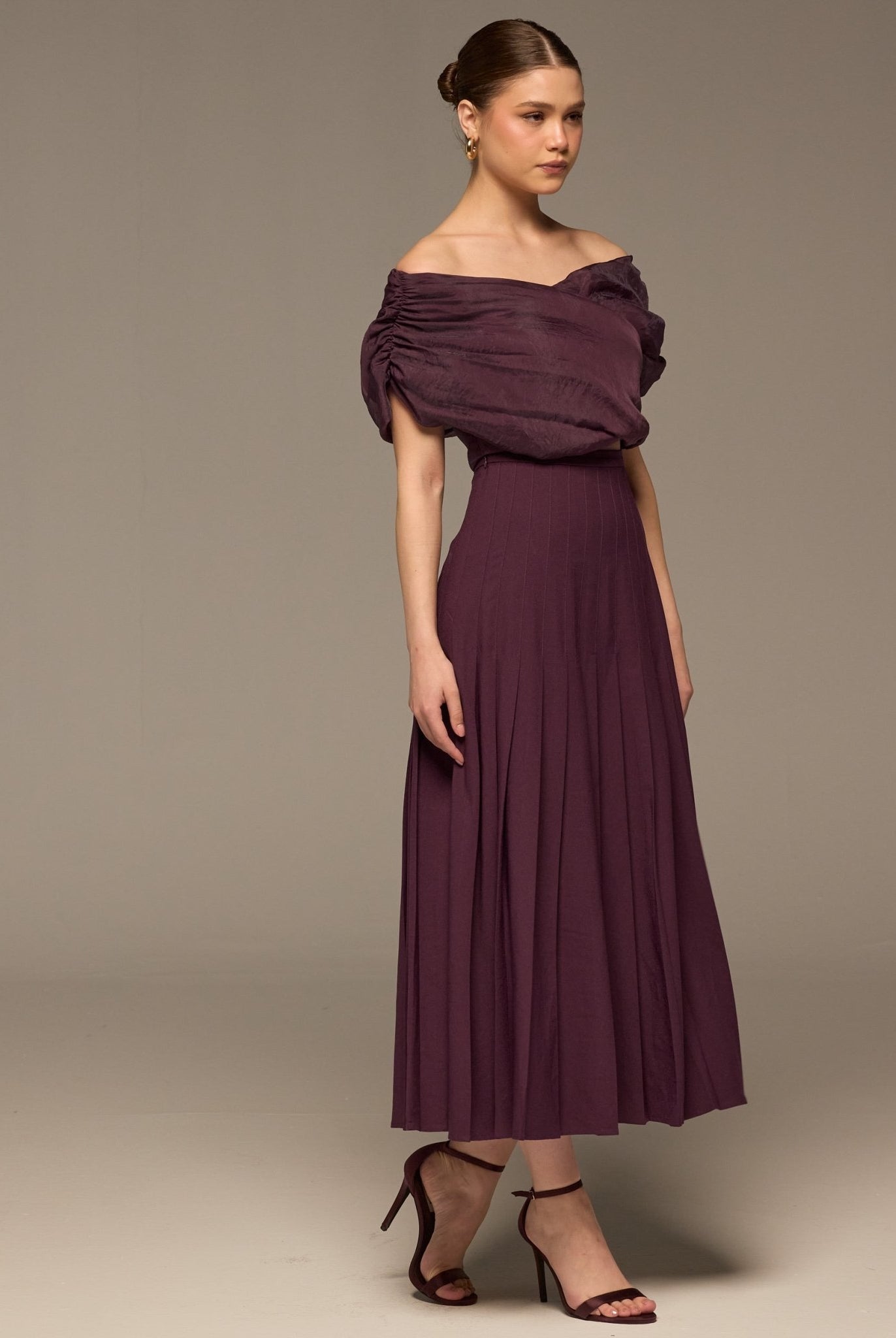 Purple Pleated A Line Crepe Skirt - shopaleena