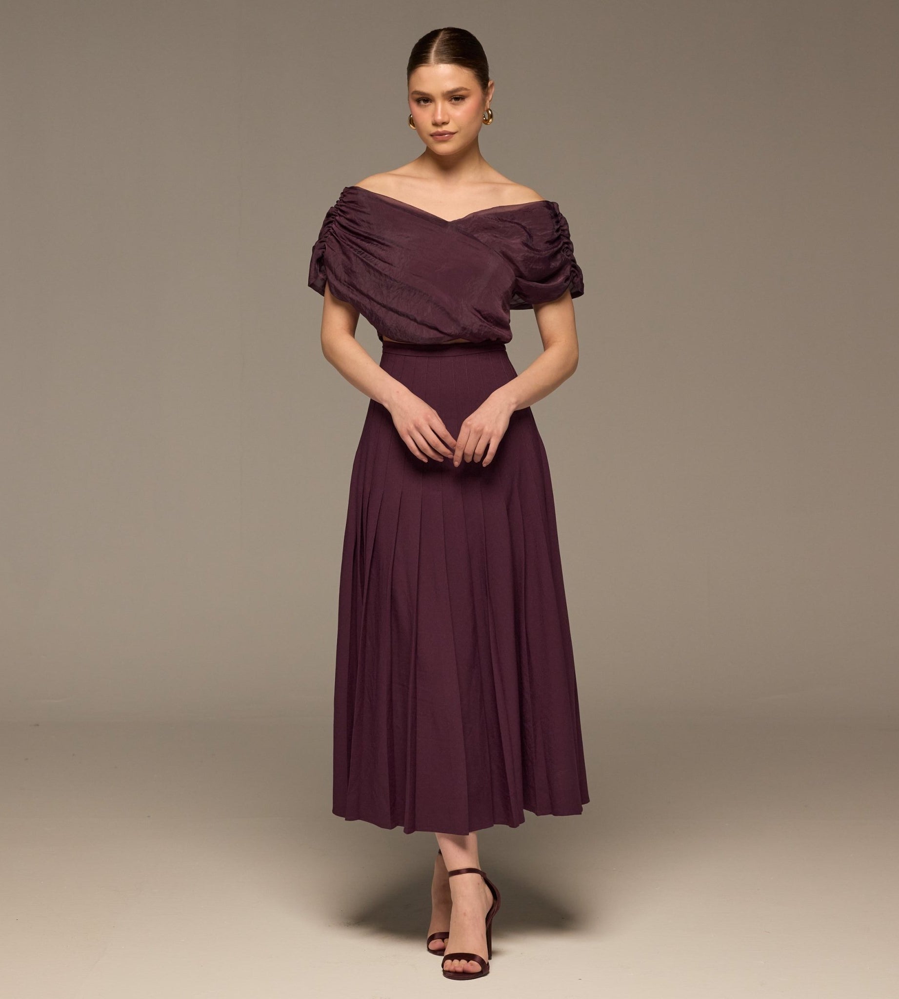 Purple Pleated A Line Crepe Skirt - shopaleena