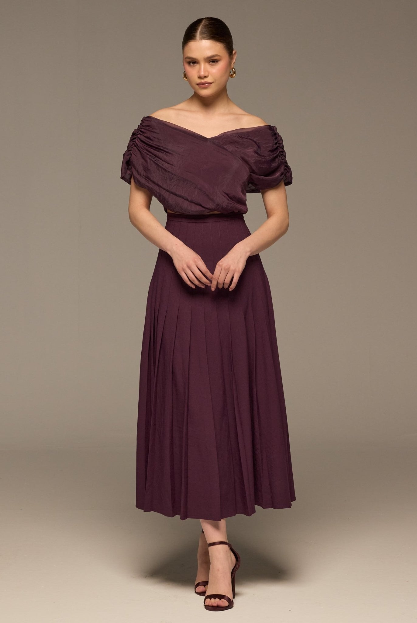 Purple Pleated A Line Crepe Skirt - shopaleena