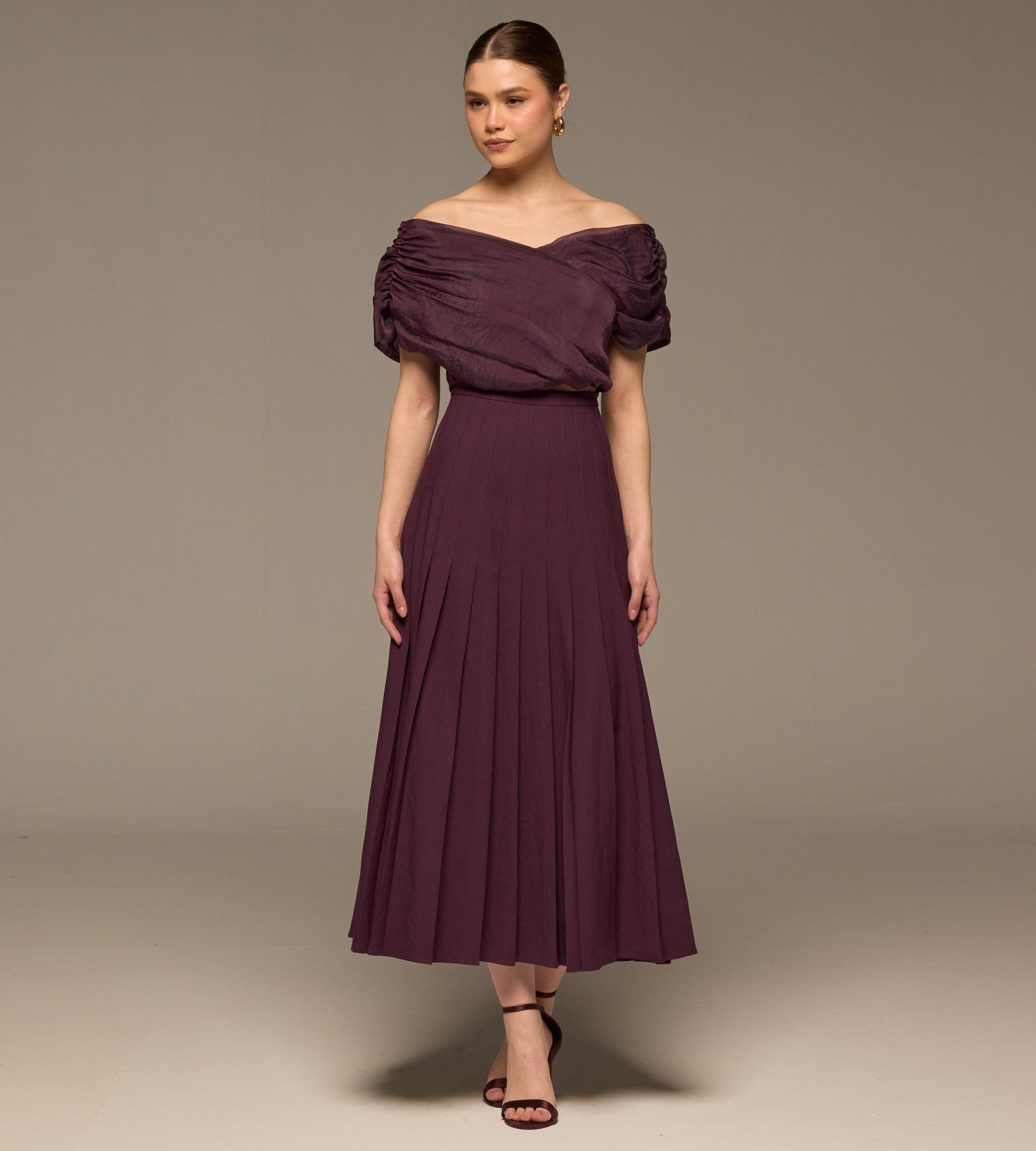 Purple Pleated A Line Crepe Skirt - shopaleena