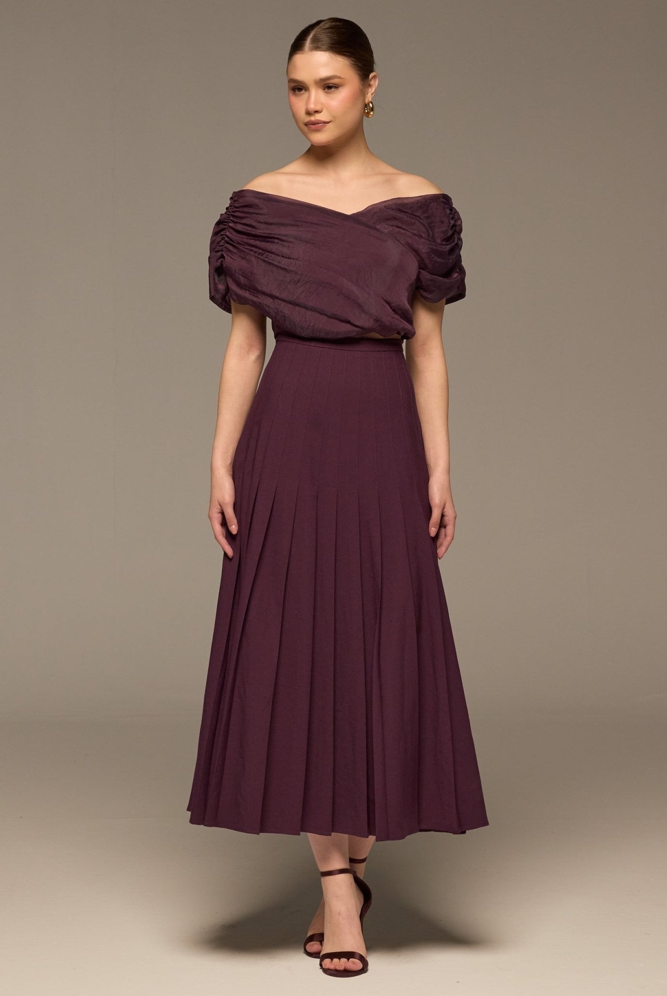 Purple Pleated A Line Crepe Skirt - shopaleena