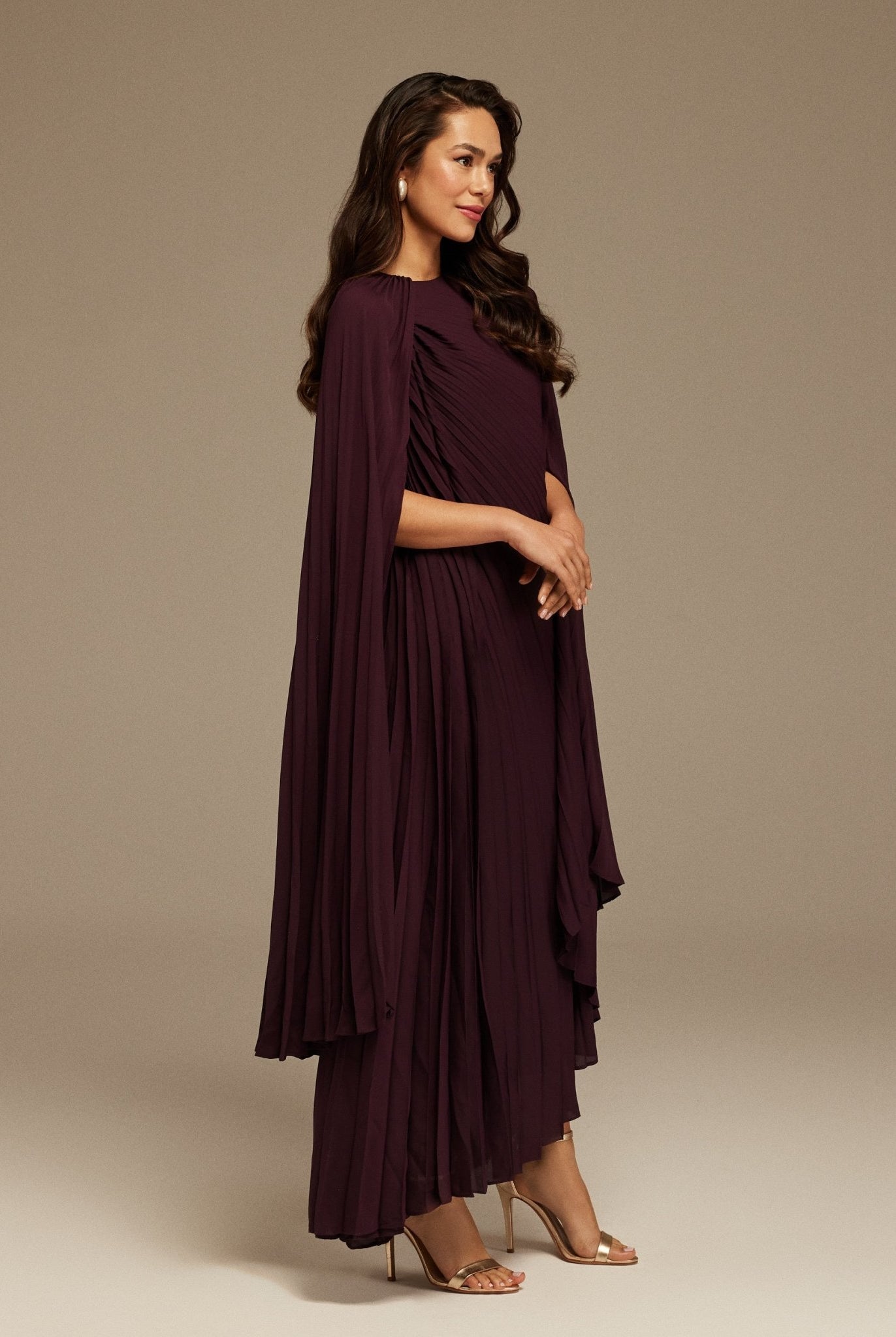 Purple Pleated Cape Midi Dress - shopaleena