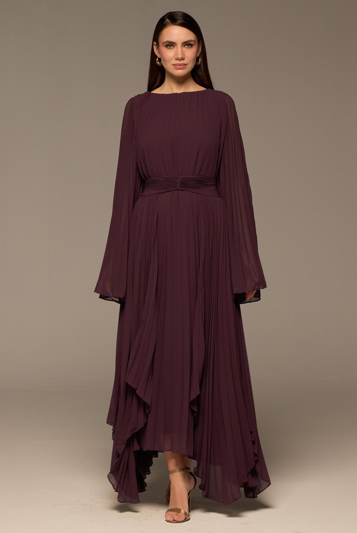 Purple Pleated Long Sleeve Chiffon Maxi Dress - shopaleena