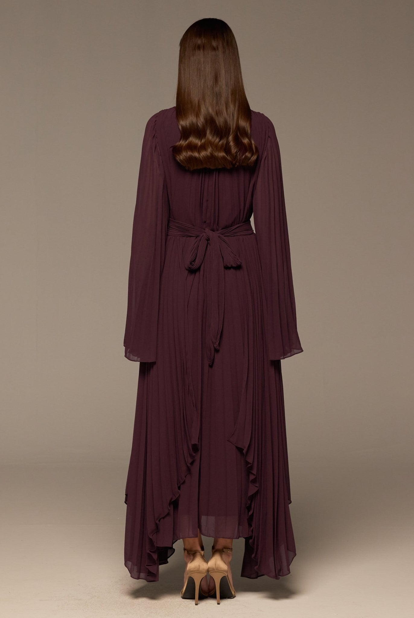 Purple Pleated Long Sleeve Chiffon Maxi Dress - shopaleena
