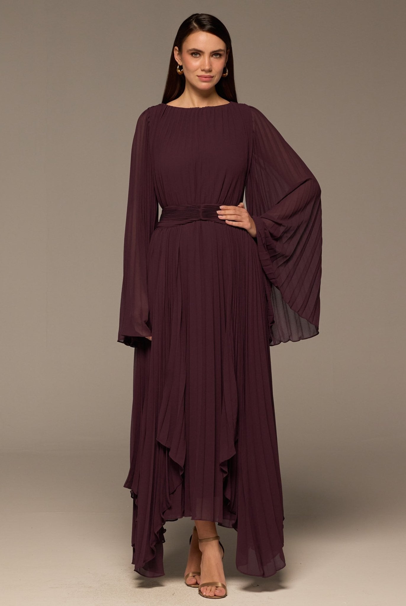 Purple Pleated Long Sleeve Chiffon Maxi Dress - shopaleena