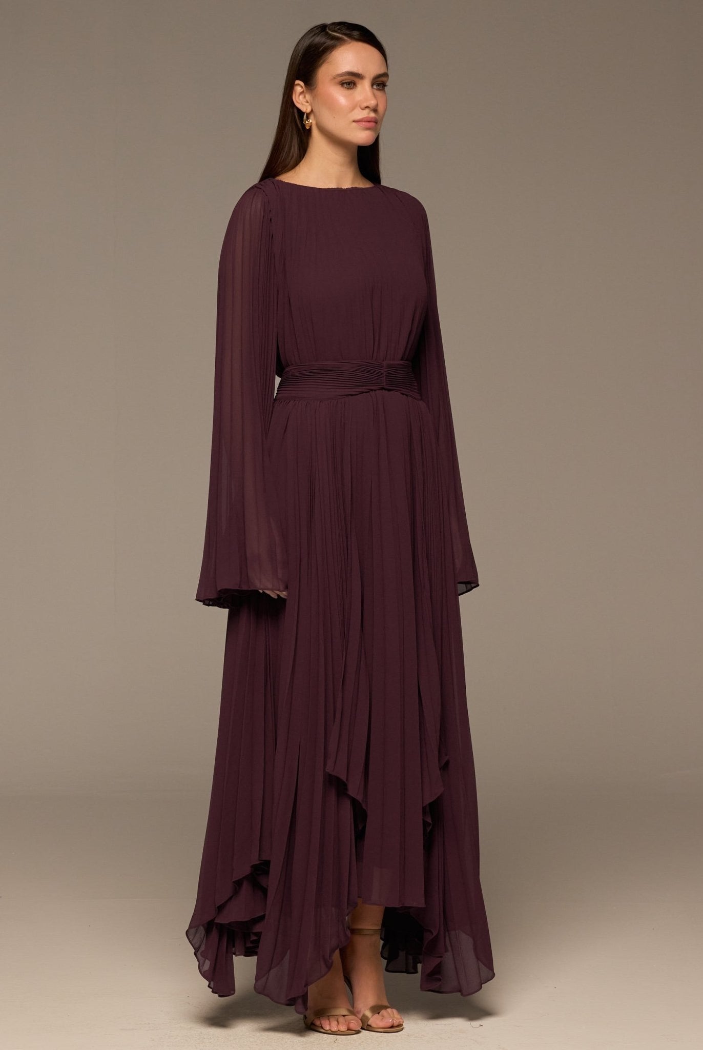 Purple Pleated Long Sleeve Chiffon Maxi Dress - shopaleena