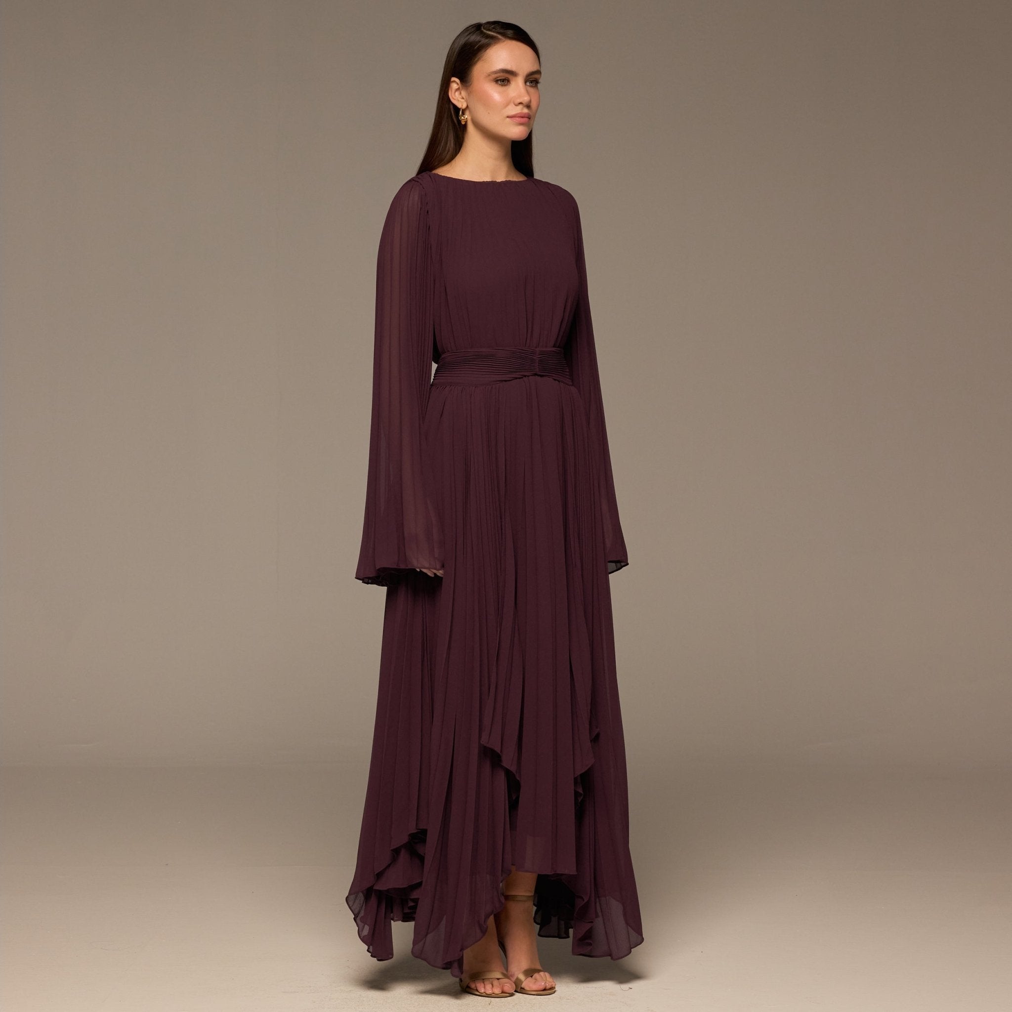 Purple Pleated Long Sleeve Chiffon Maxi Dress - shopaleena