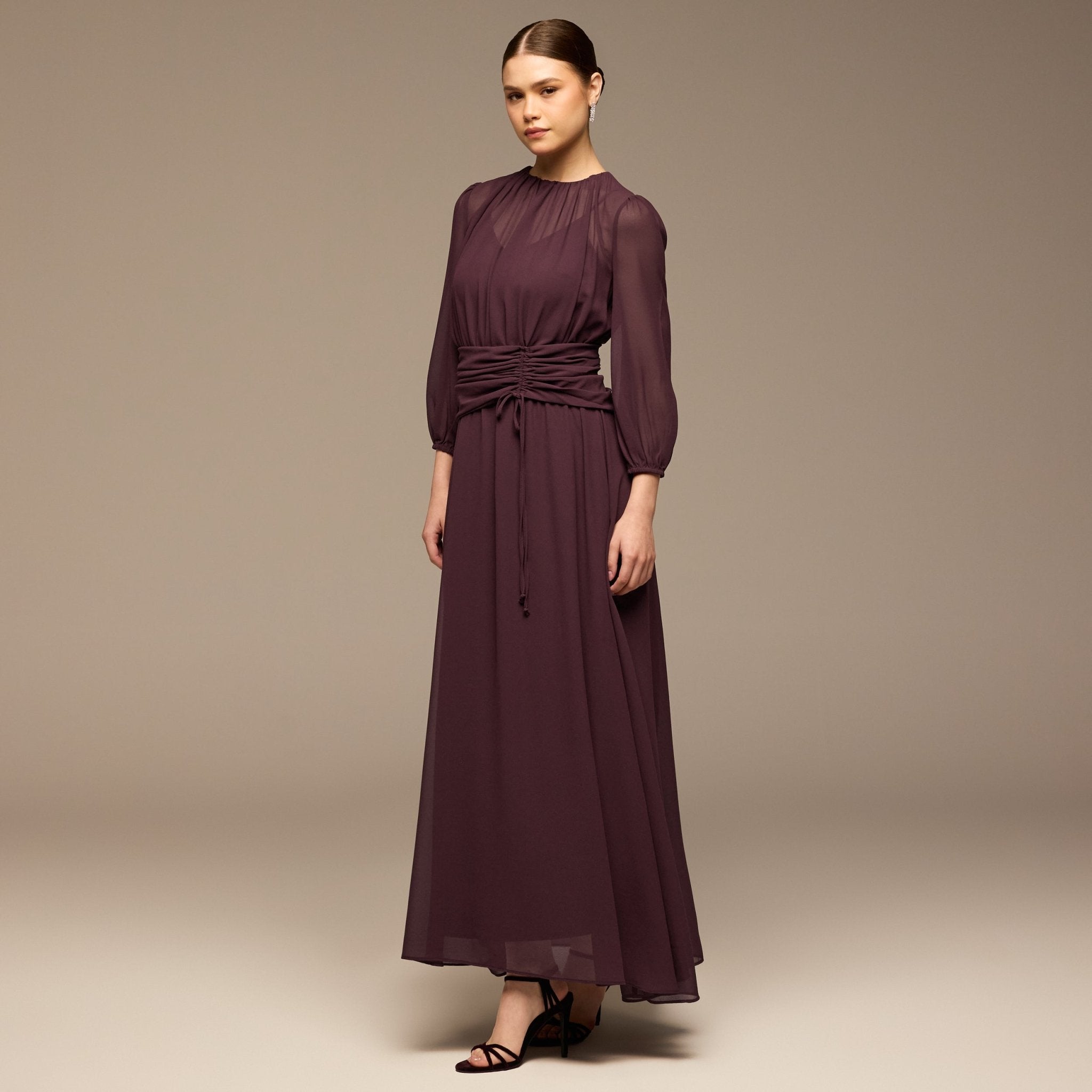 Purple Ruched Waist Chiffon Maxi Dress - shopaleena