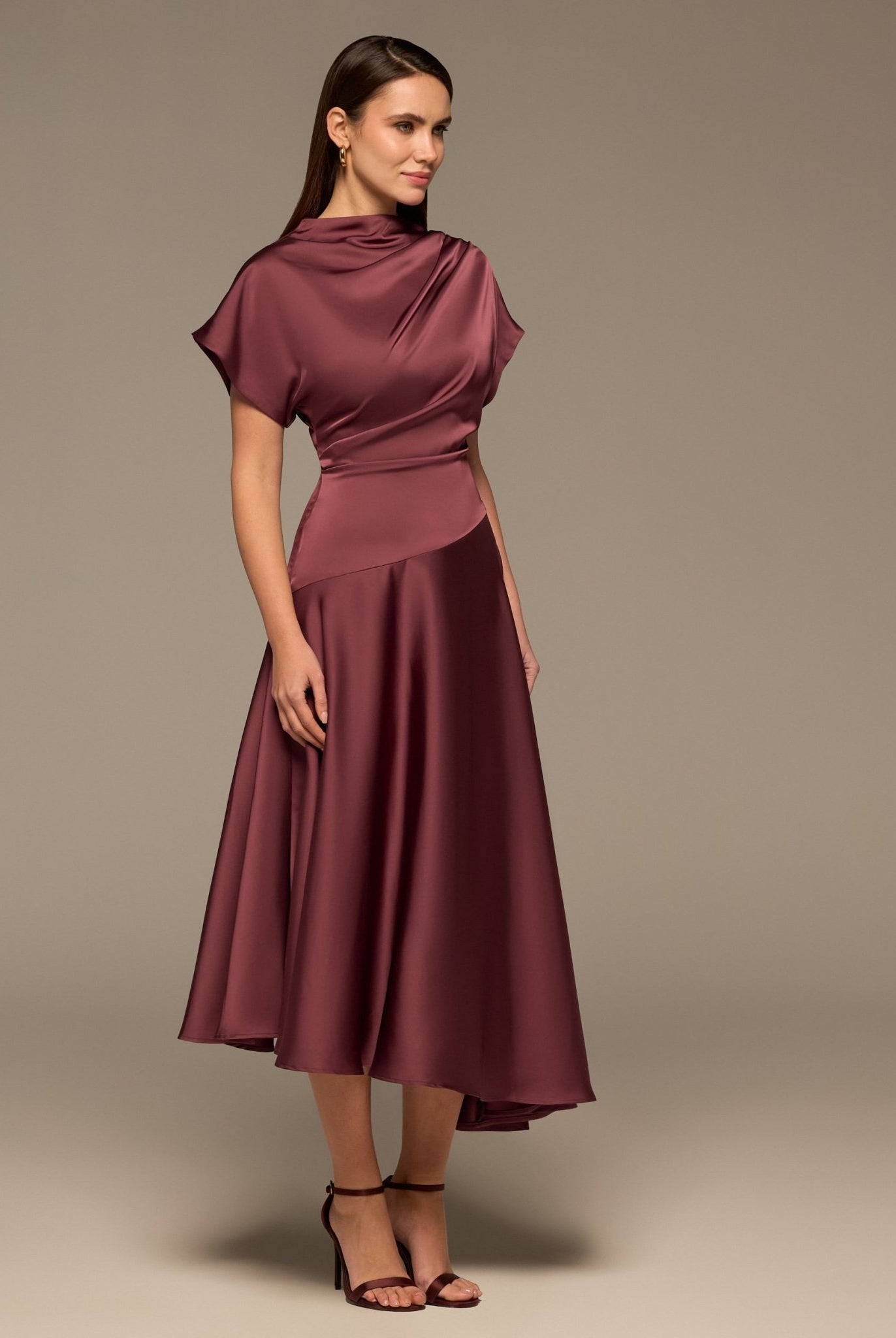 Purple Short Sleeve Asymmetric Satin Dress - shopaleena