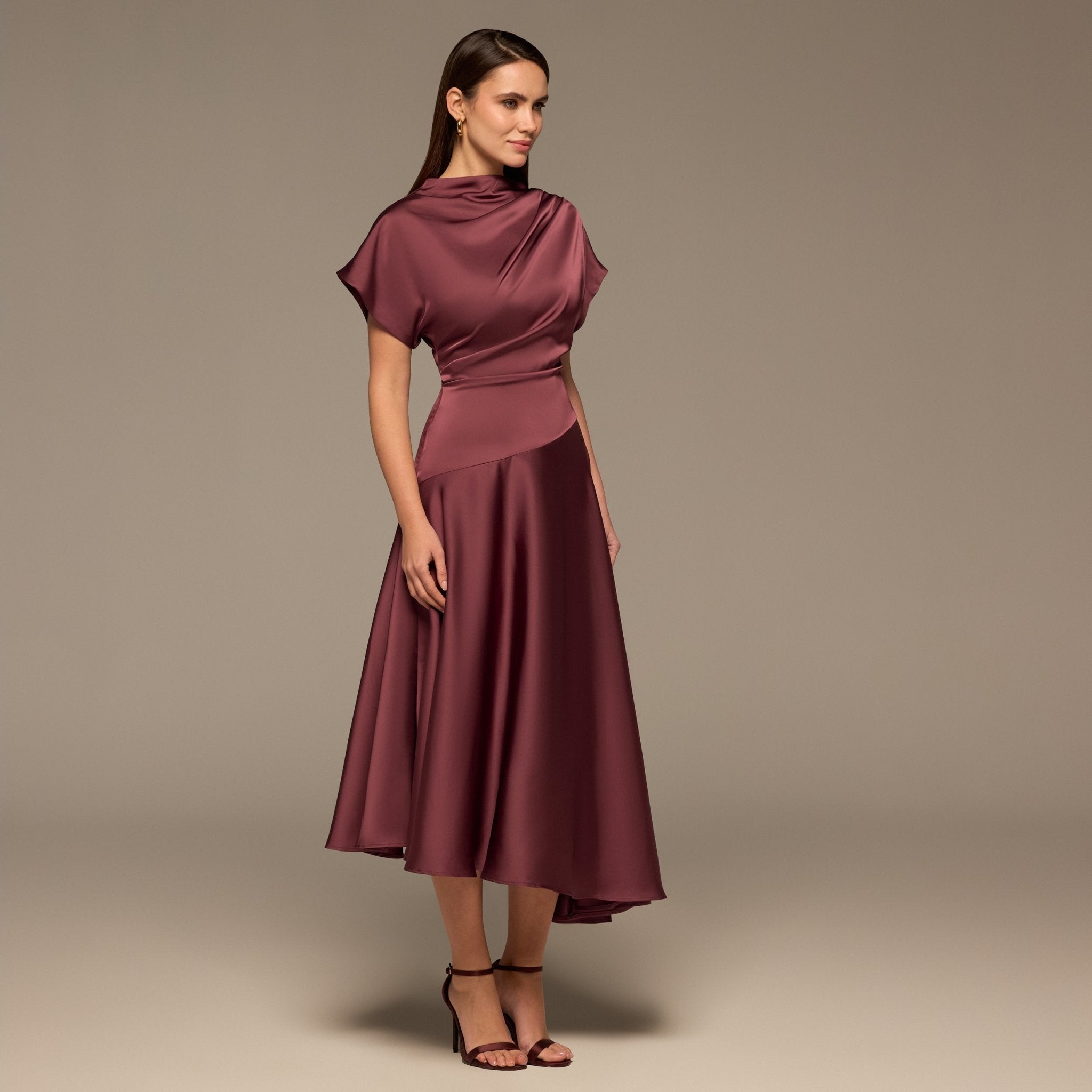 Purple Short Sleeve Asymmetric Satin Dress - shopaleena