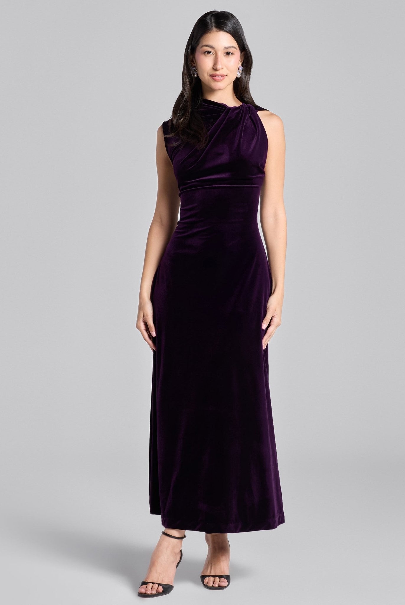 Purple Shoulder Knot Velvet Maxi Dress - shopaleena