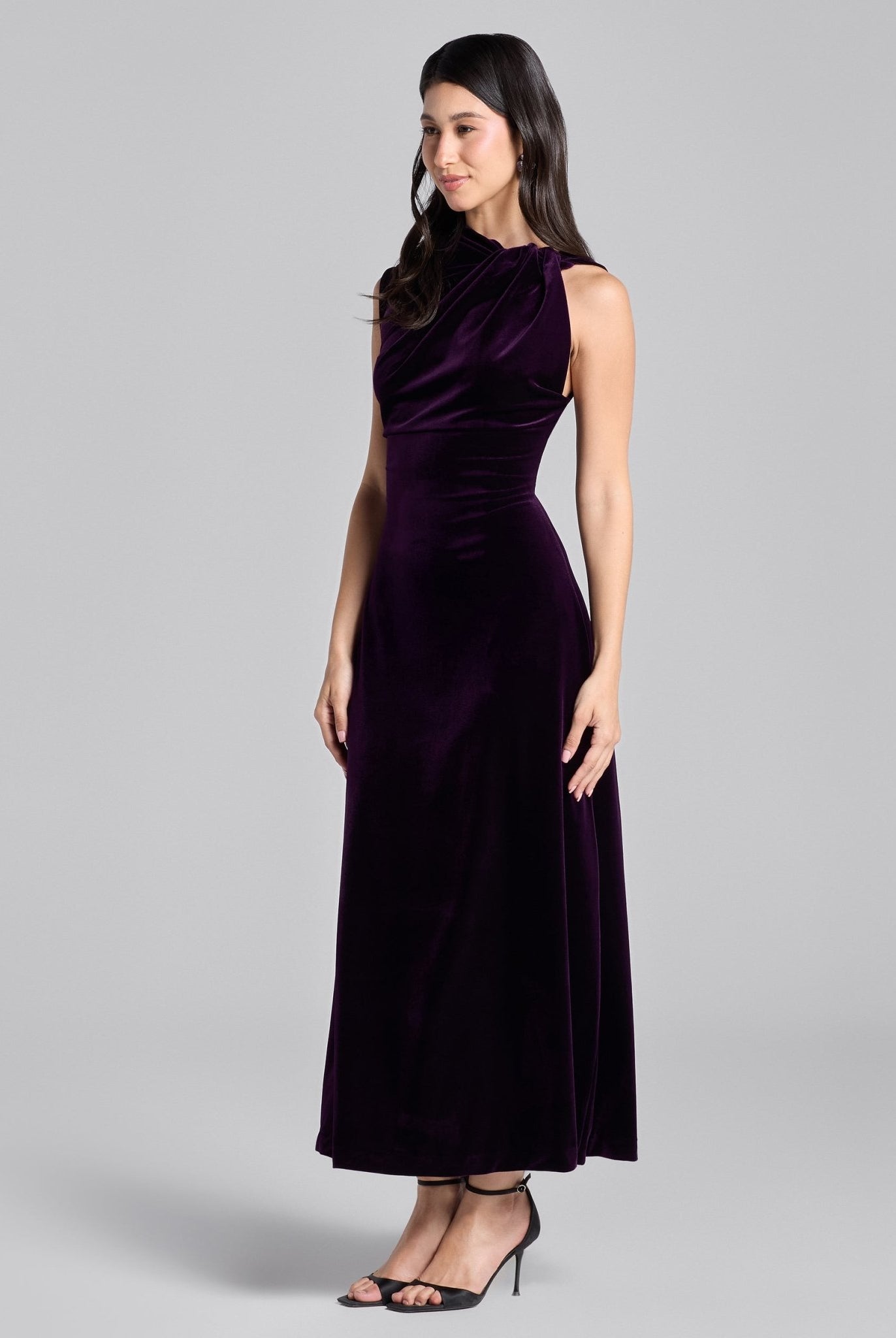 Purple Shoulder Knot Velvet Maxi Dress - shopaleena