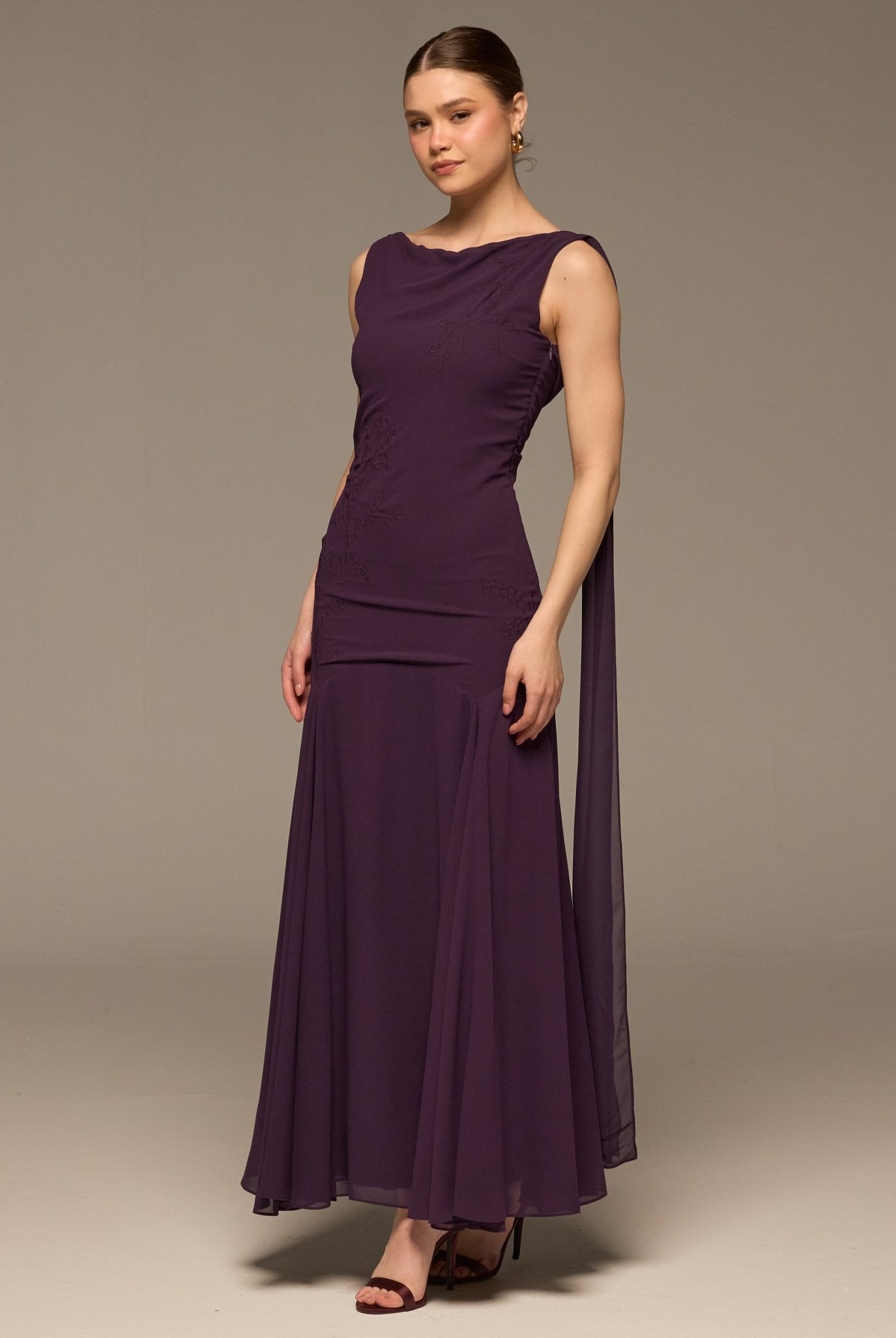 Purple Sleeveless Embroidered Chiffon Maxi Dress - shopaleena