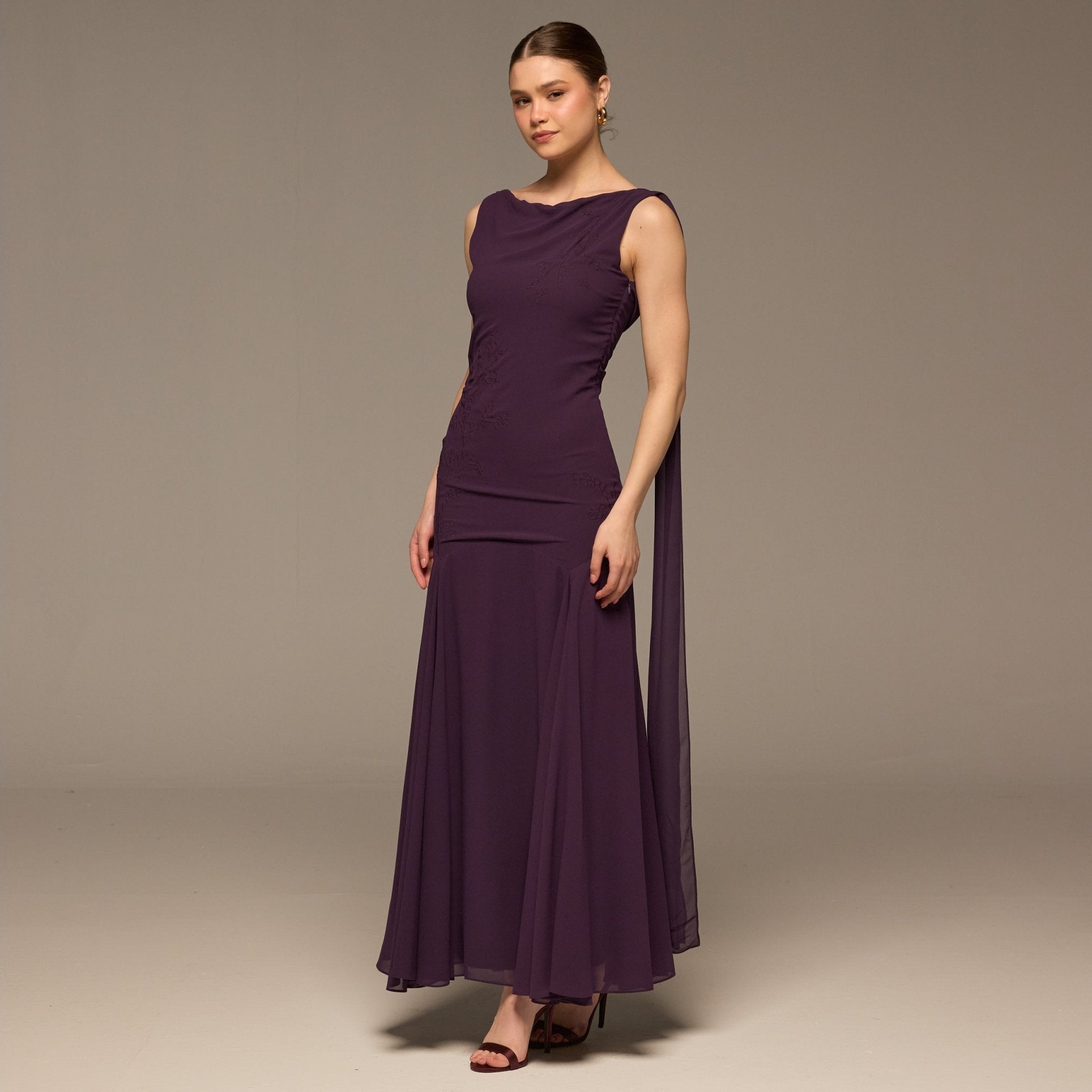 Purple Sleeveless Embroidered Chiffon Maxi Dress - shopaleena