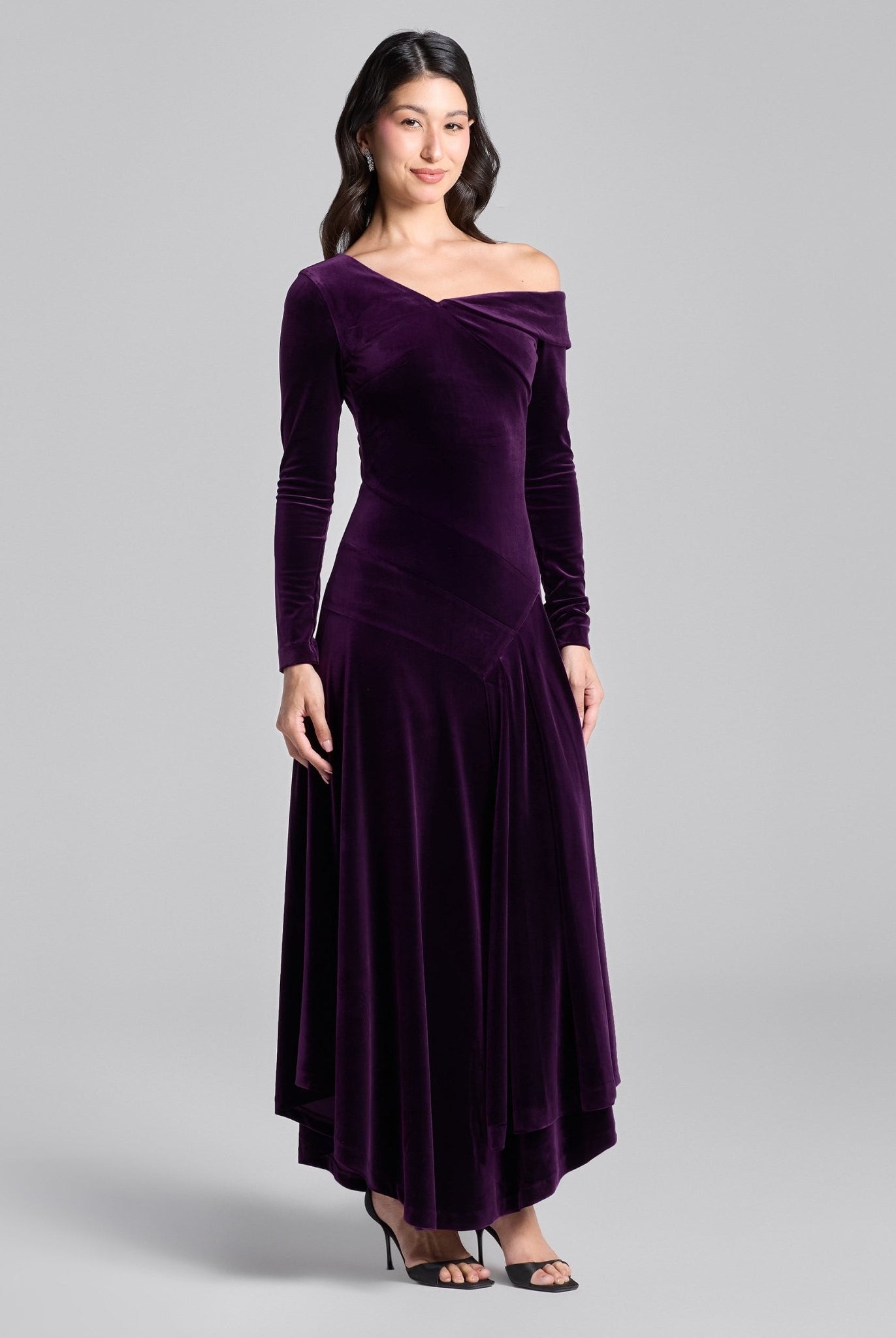 Purple Velvet Asymmetric Neckline Midi Dress - shopaleena