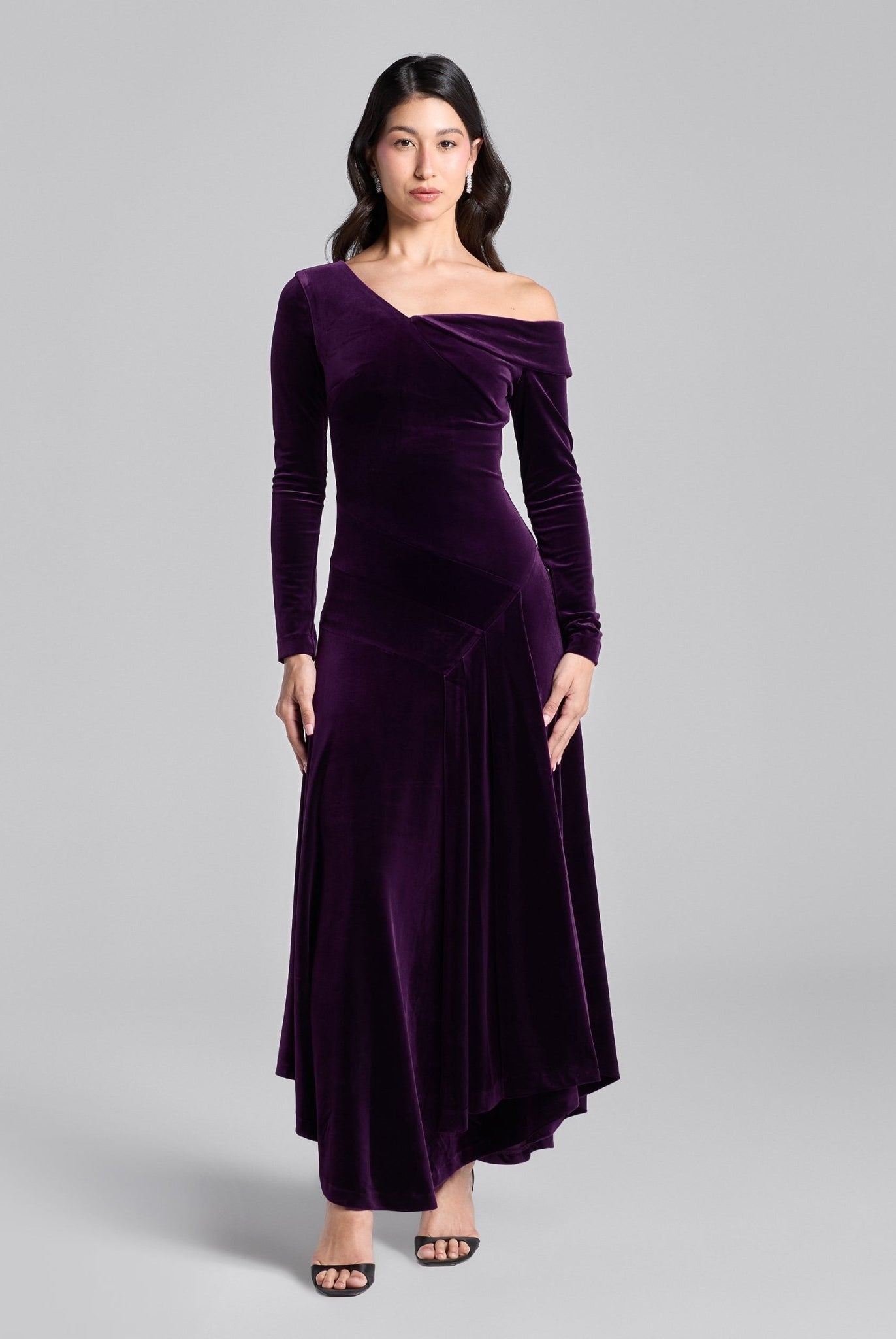 Purple Velvet Asymmetric Neckline Midi Dress - shopaleena