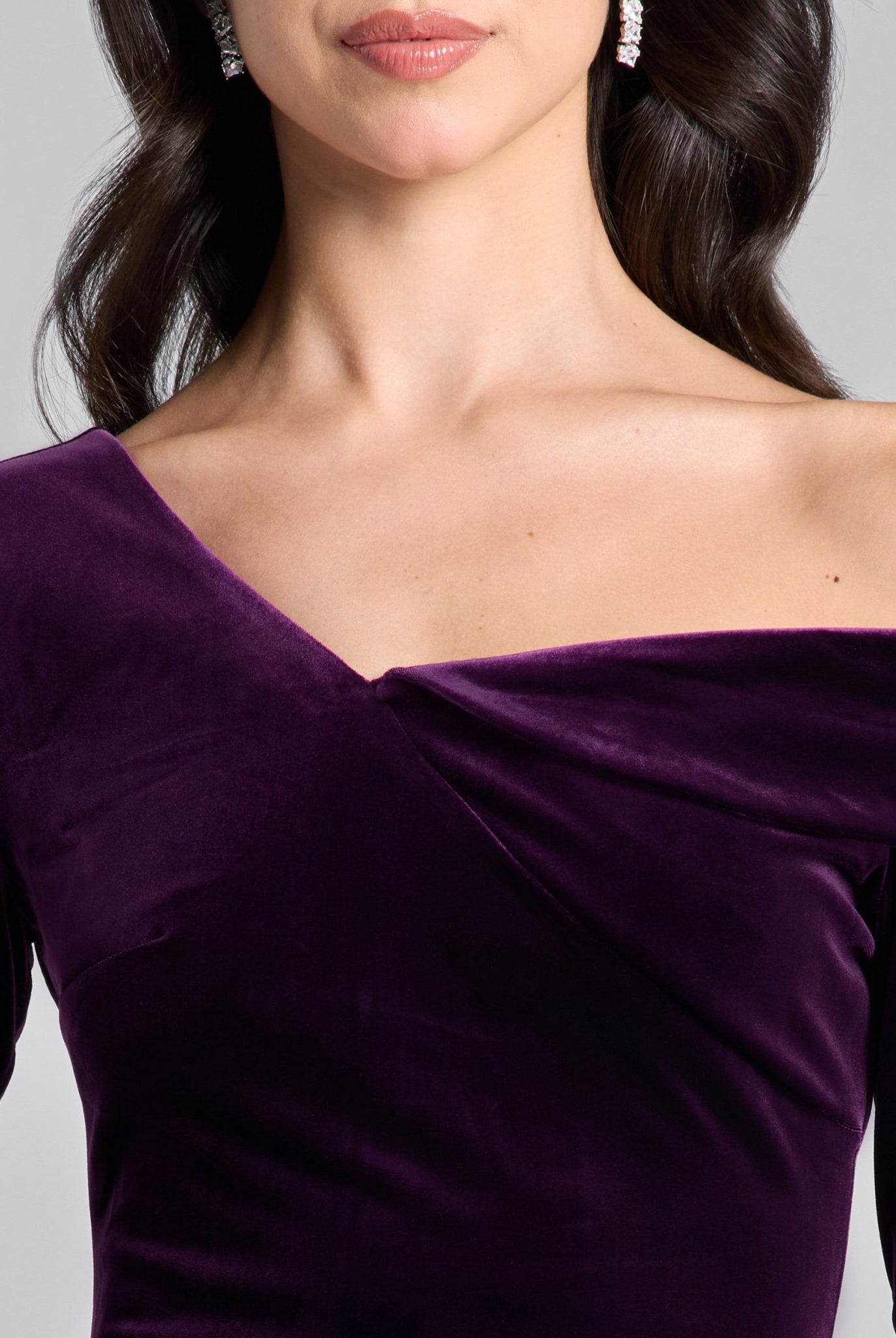 Purple Velvet Asymmetric Neckline Midi Dress - shopaleena