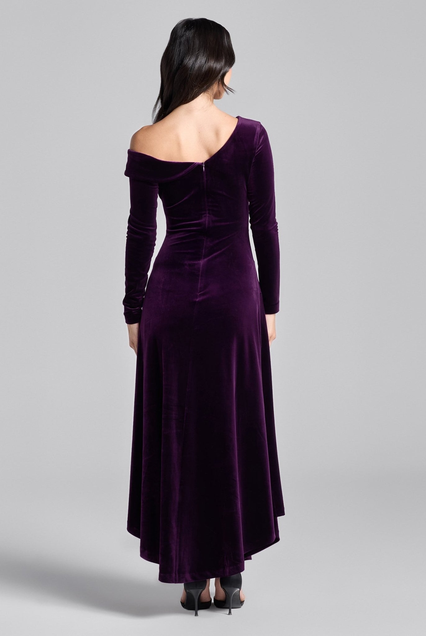 Purple Velvet Asymmetric Neckline Midi Dress - shopaleena