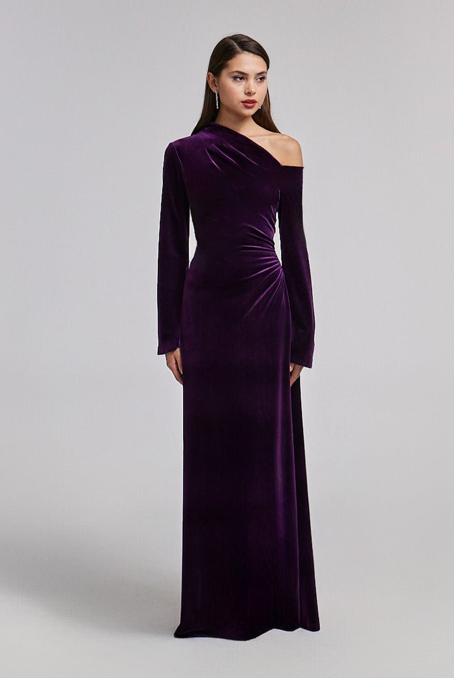 Purple Velvet Bare Shoulder Maxi Dress - shopaleena