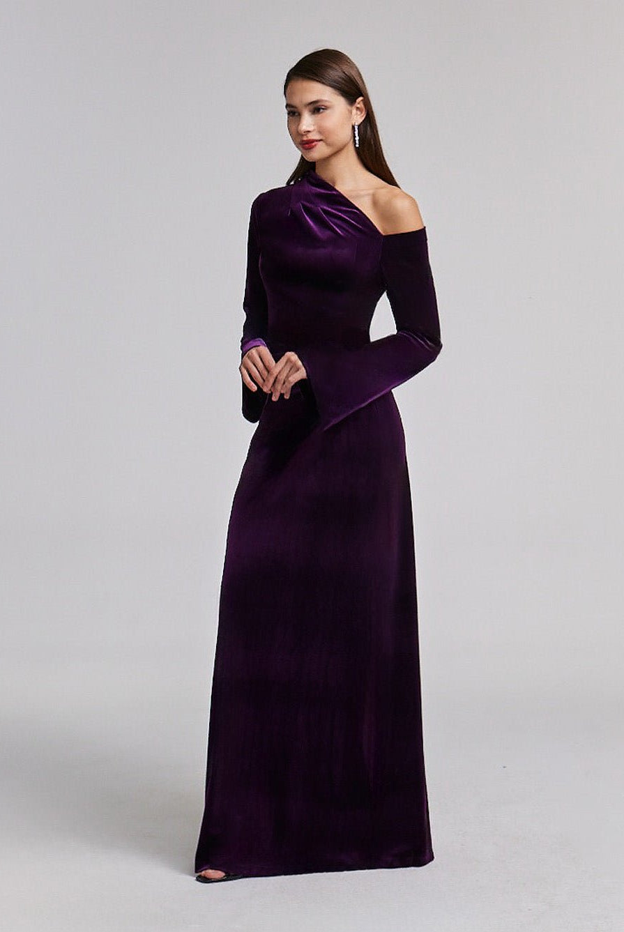 Purple Velvet Bare Shoulder Maxi Dress - shopaleena