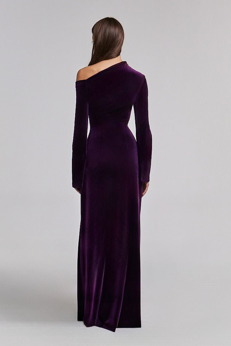 Purple Velvet Bare Shoulder Maxi Dress - shopaleena