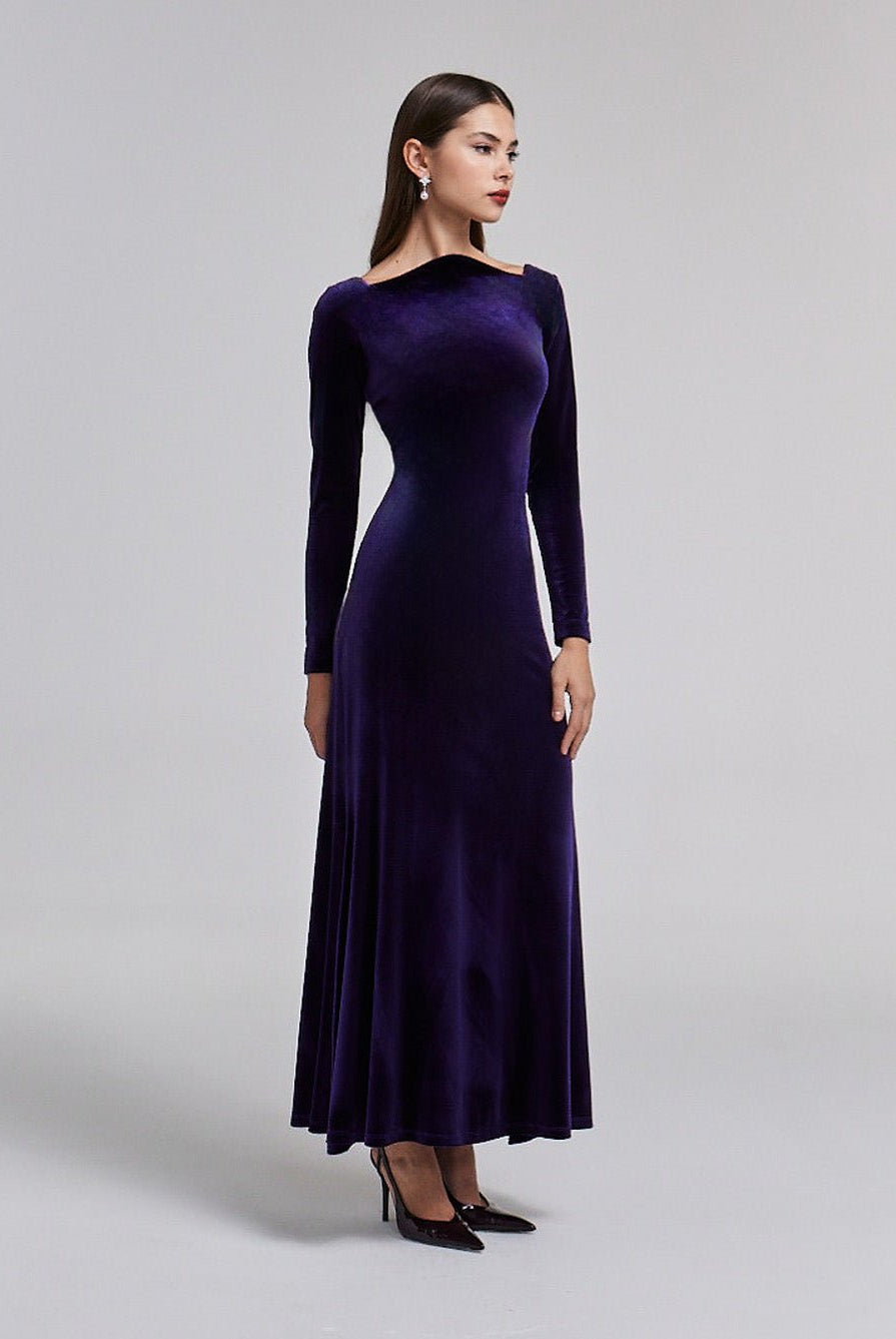 Purple Velvet Bodycon Maxi Dress - shopaleena