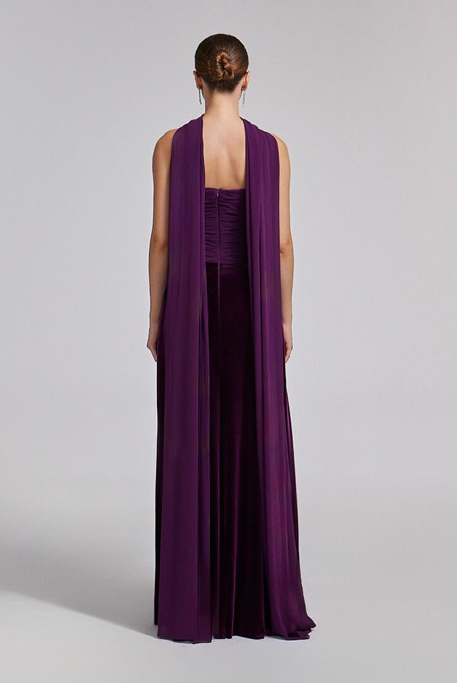 Purple Velvet - Chiffon Strapless Gown with Draped Scarf - shopaleena