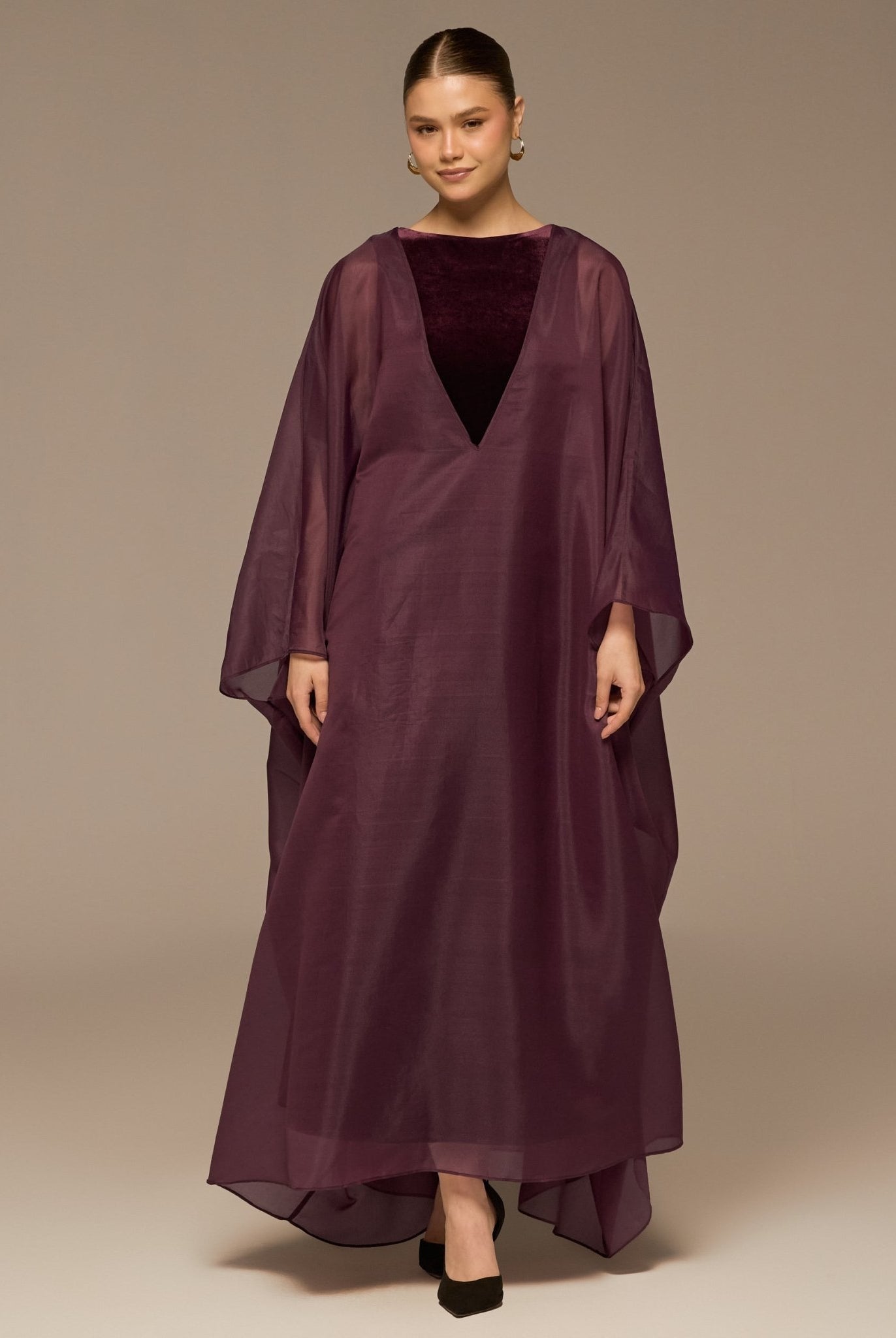 Purple Velvet Dress with Sheer Organza Cape - shopaleena