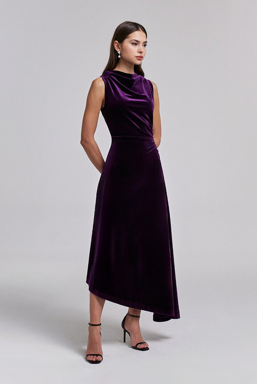 Purple Velvet Midi Dress With Asymmetric Skirt - shopaleena
