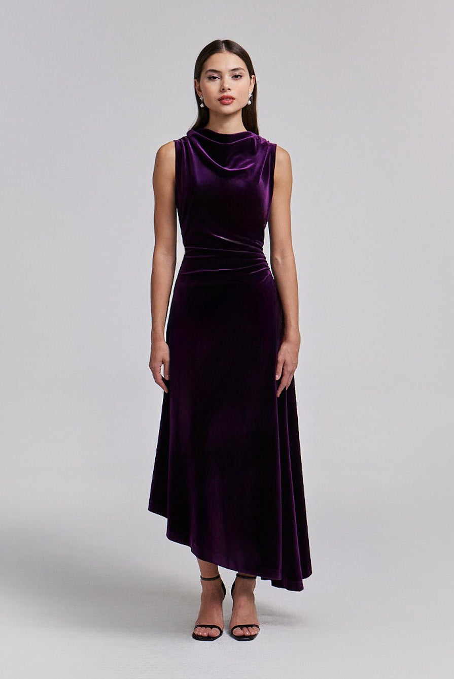 Purple Velvet Midi Dress With Asymmetric Skirt - shopaleena
