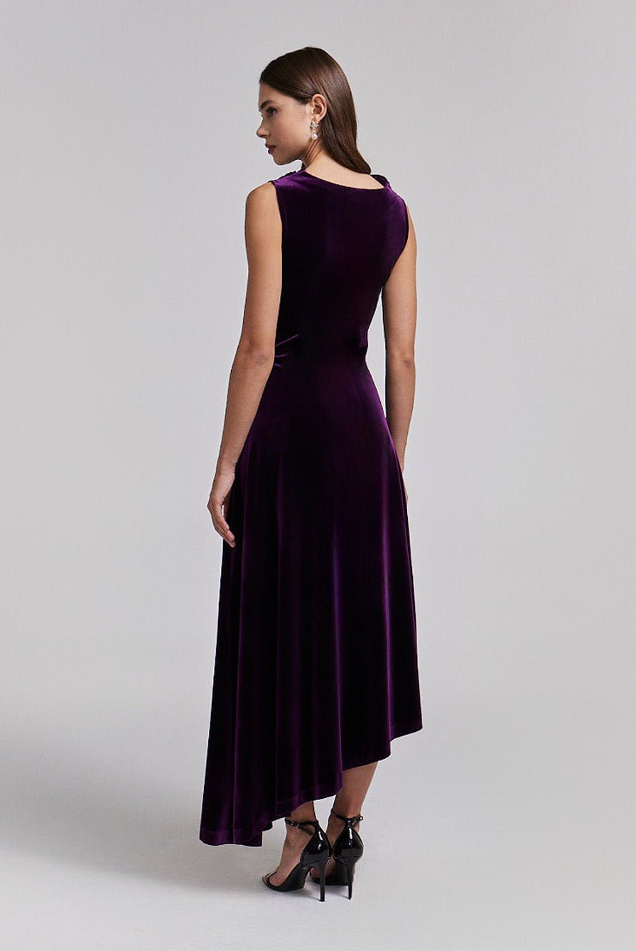 Purple Velvet Midi Dress With Asymmetric Skirt - shopaleena