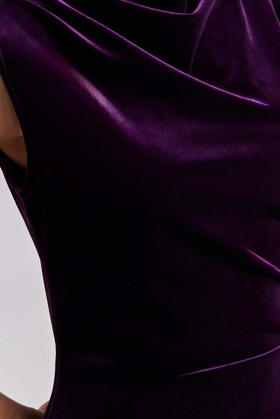 Purple Velvet Midi Dress With Asymmetric Skirt - shopaleena