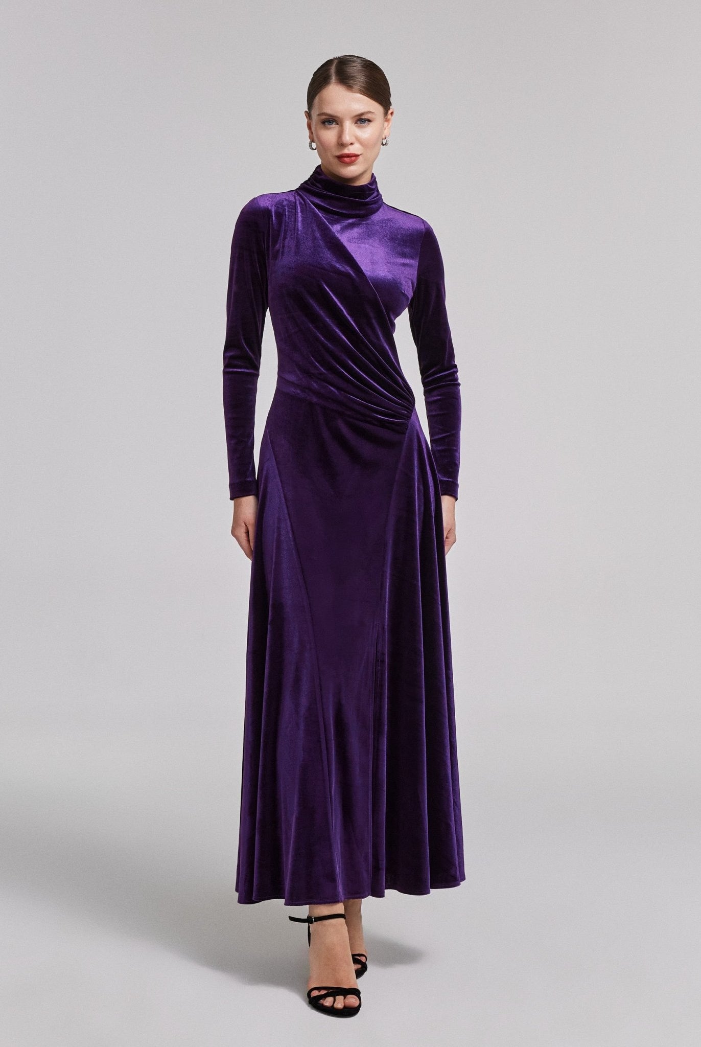 Purple Velvet Mock Neck Maxi Dress - shopaleena