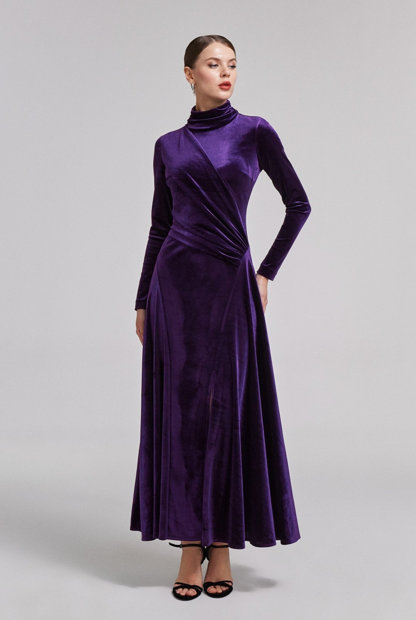 Purple Velvet Mock Neck Maxi Dress - shopaleena