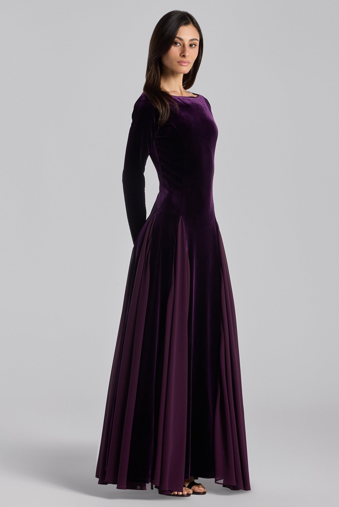 Purple Velvet Ruffled Panel Maxi Dress - shopaleena
