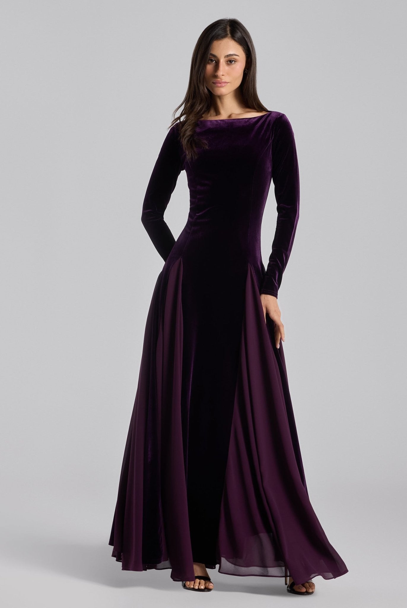 Purple Velvet Ruffled Panel Maxi Dress - shopaleena