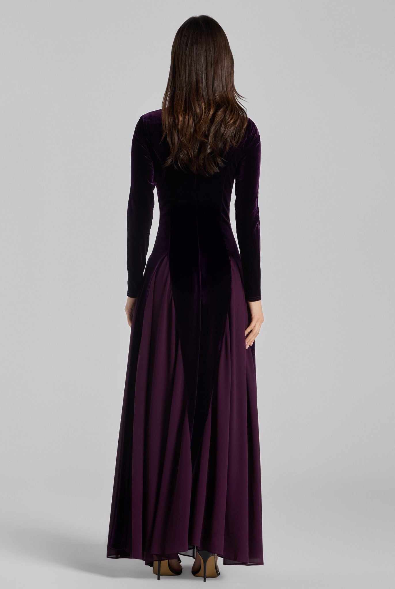 Purple Velvet Ruffled Panel Maxi Dress - shopaleena